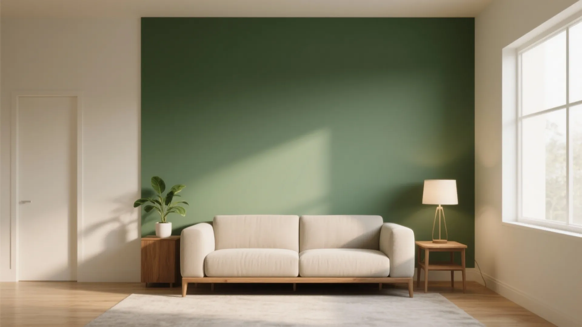 Modern living room with green wall and white sofa beside window with warm table light