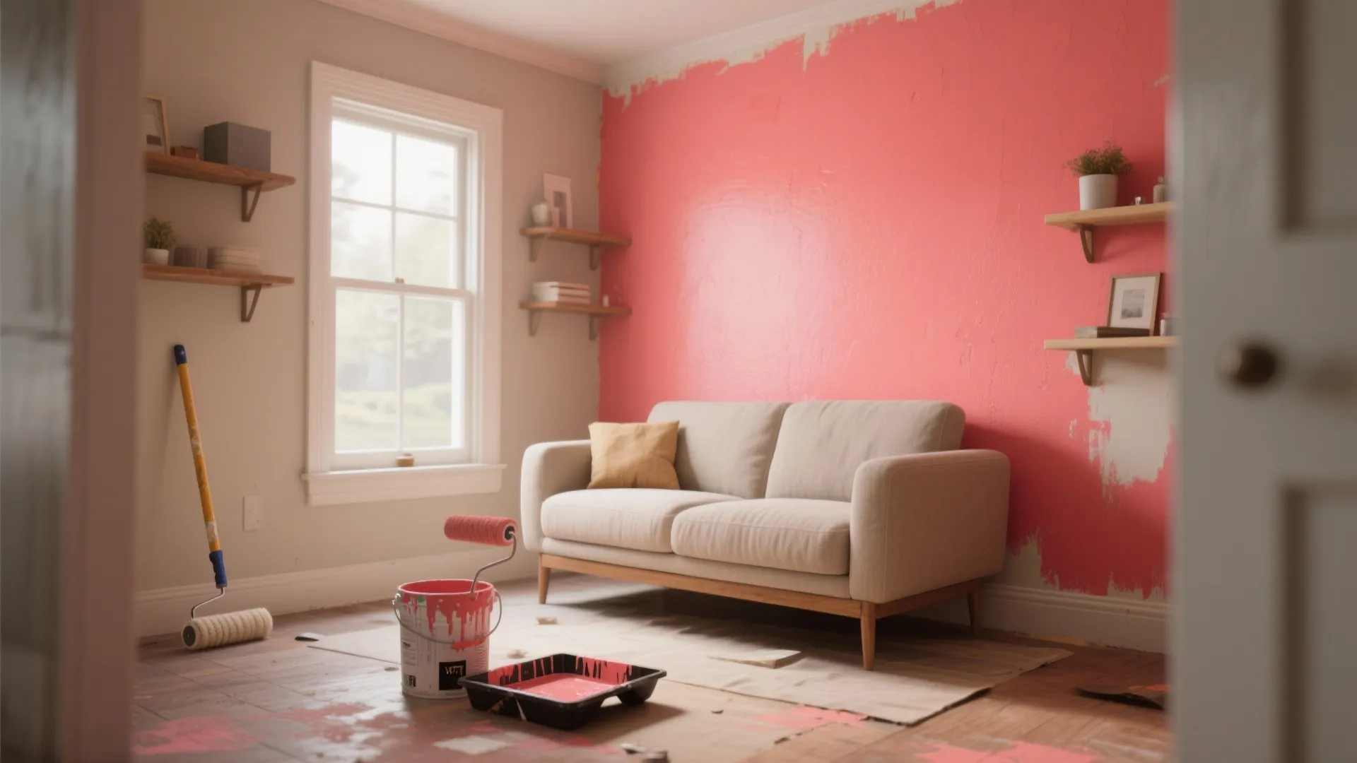 Living room being painted pink with a sofa paint bucket roller and wall shelves shown