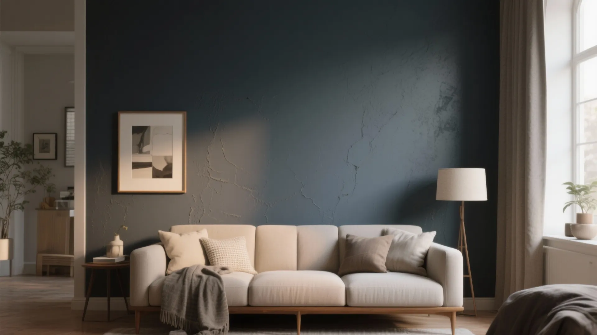Living room with dark blue textured wall cream sofa floor lamp and natural window light
