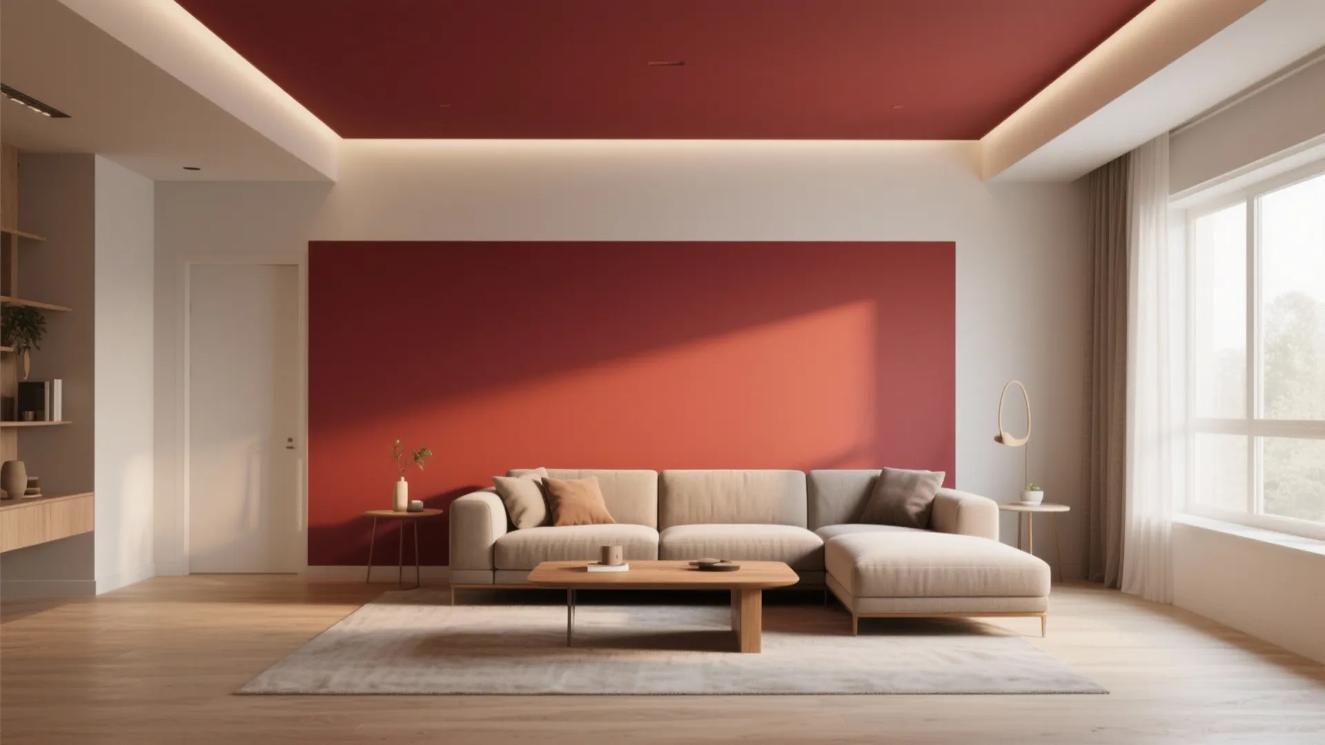 Modern living room featuring a red accent wall red ceiling beige sofa wooden table and carpet