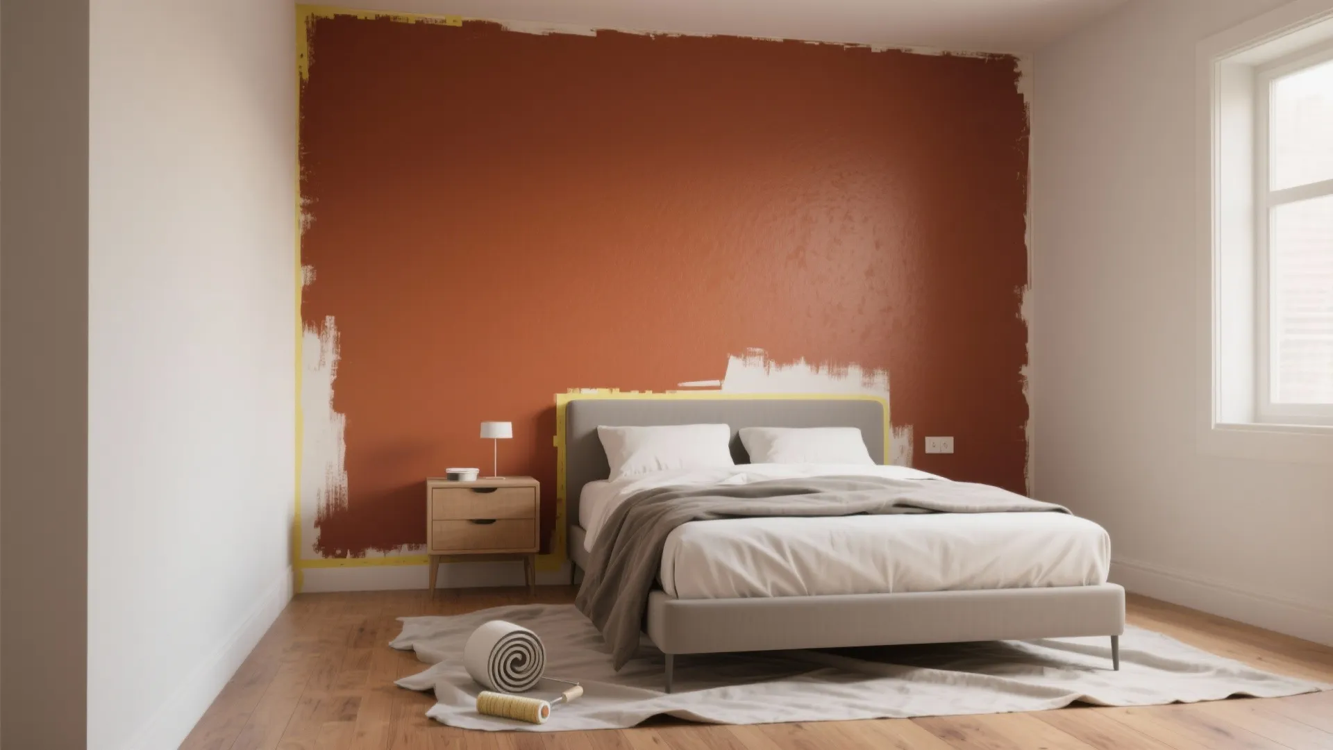 Bedroom with grey bed and wooden bedside table featuring a half painted orange accent wall