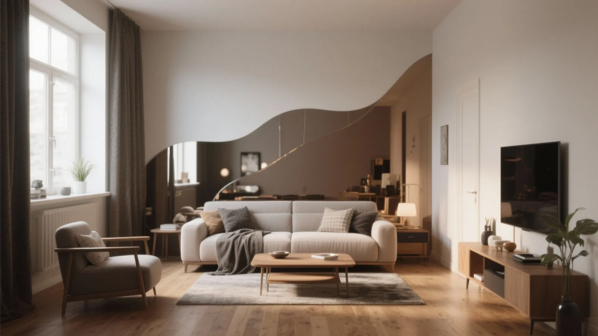 Modern living room with white sofa wooden coffee table television cabinet and unique curved wall design