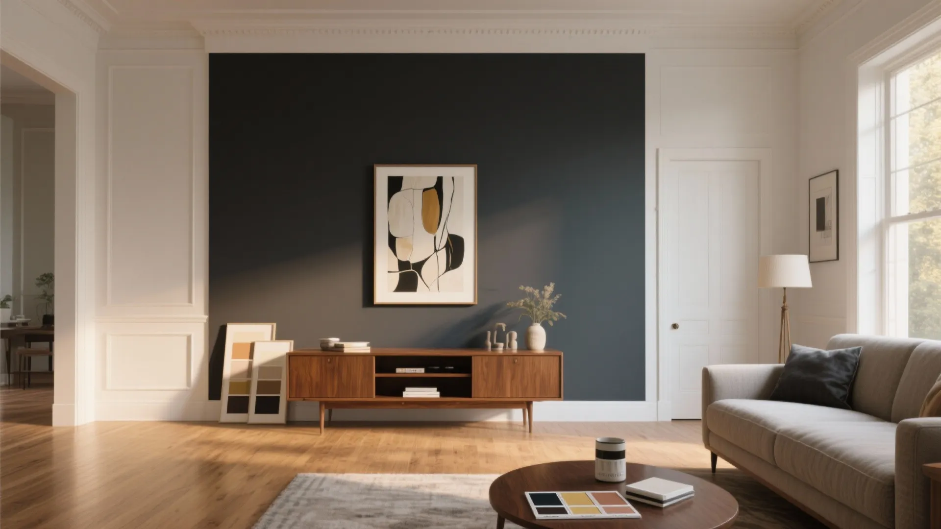 Modern living room with dark grey accent wall, wooden cabinet, sofa, coffee table, and abstract art
