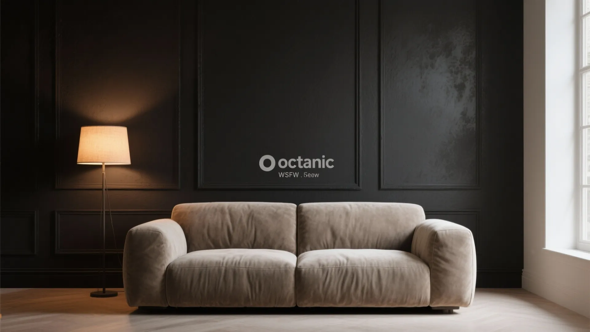 Living room with black wall panel grey sofa floor lamp window and light wood flooring