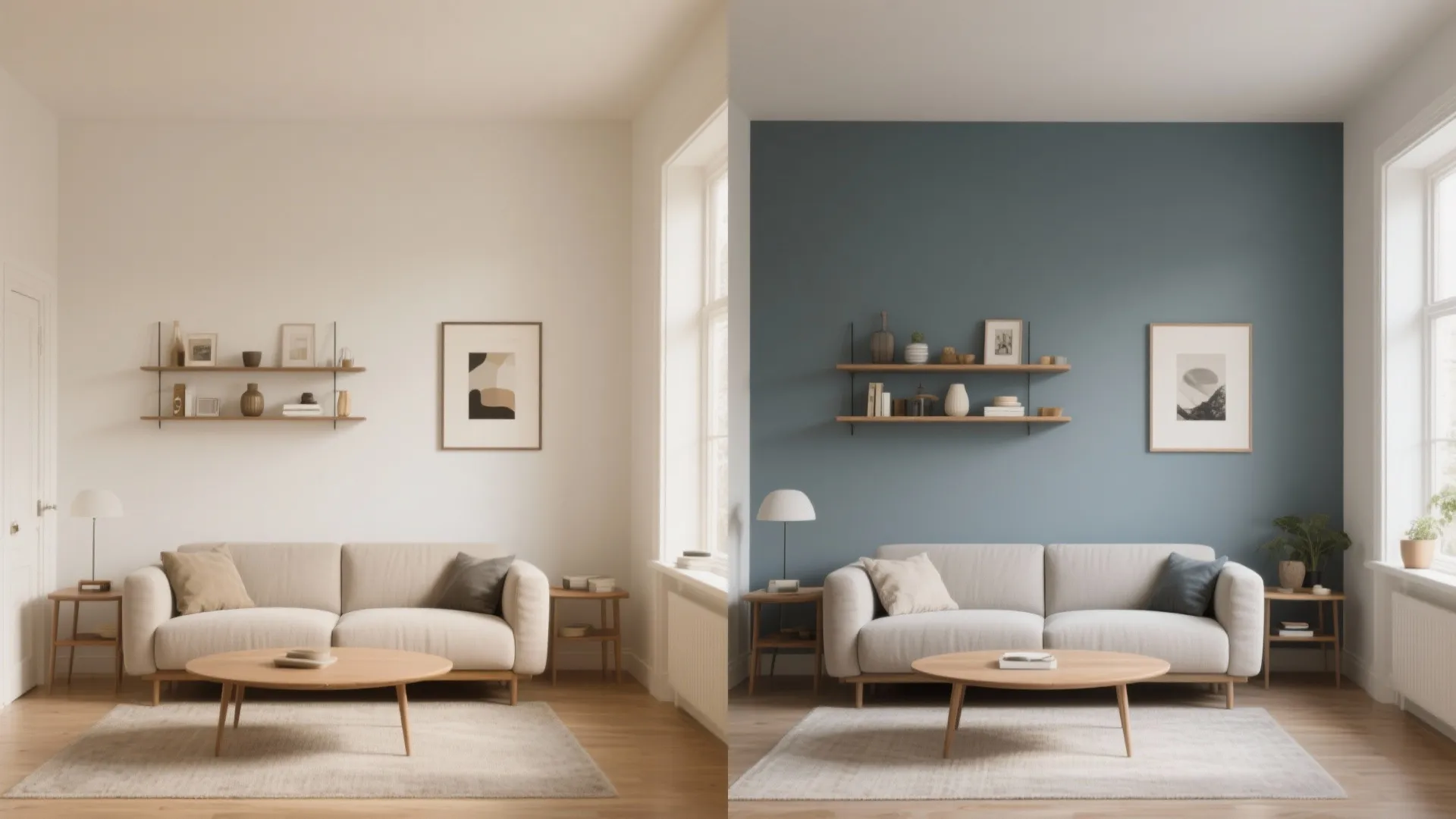 Side-by-side comparison of a living room showing a white wall transformed into a blue wall
