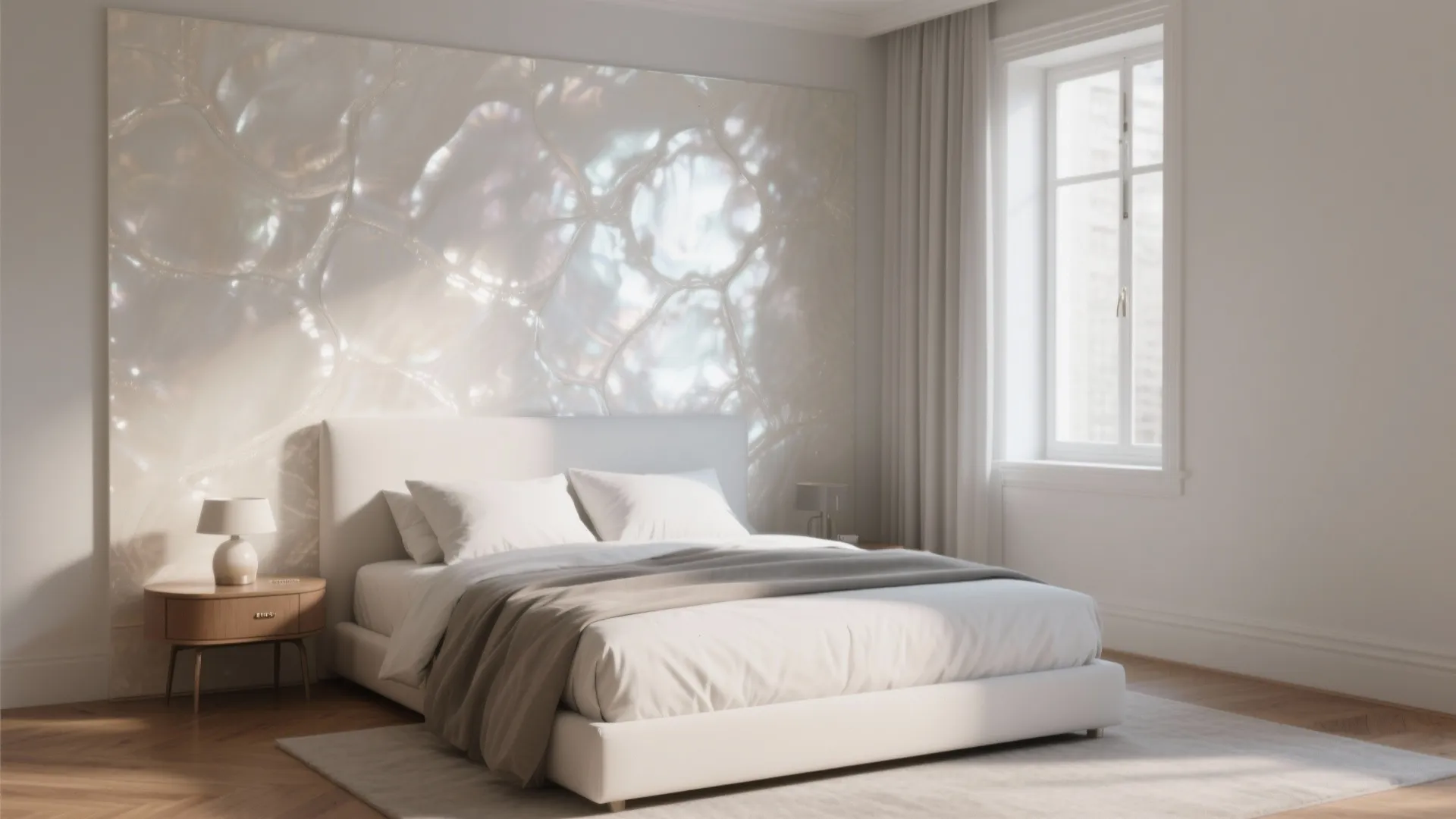 Modern bedroom with pearl white accent wall behind bed wooden side table and natural window light