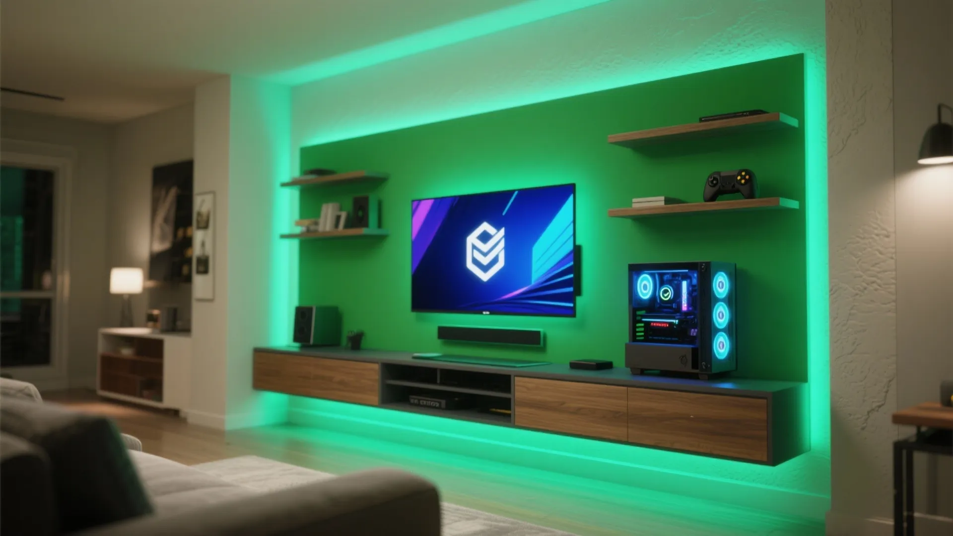 Modern gaming setup with green wall light strips behind television and wooden floating storage cabinet