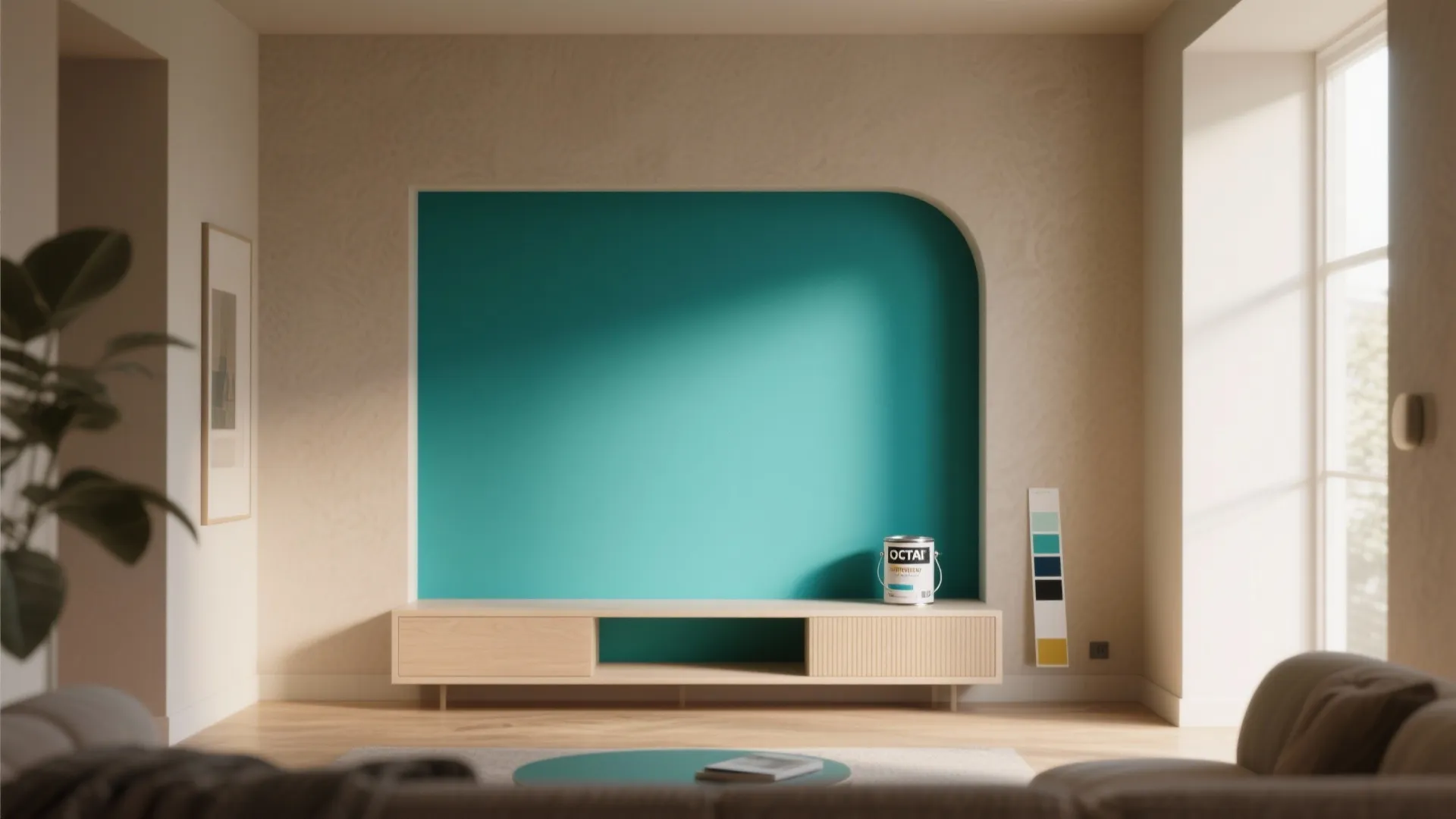 Living room with a single teal accent wall and neutral surrounding walls demonstrating a budget-friendly focal paint technique.