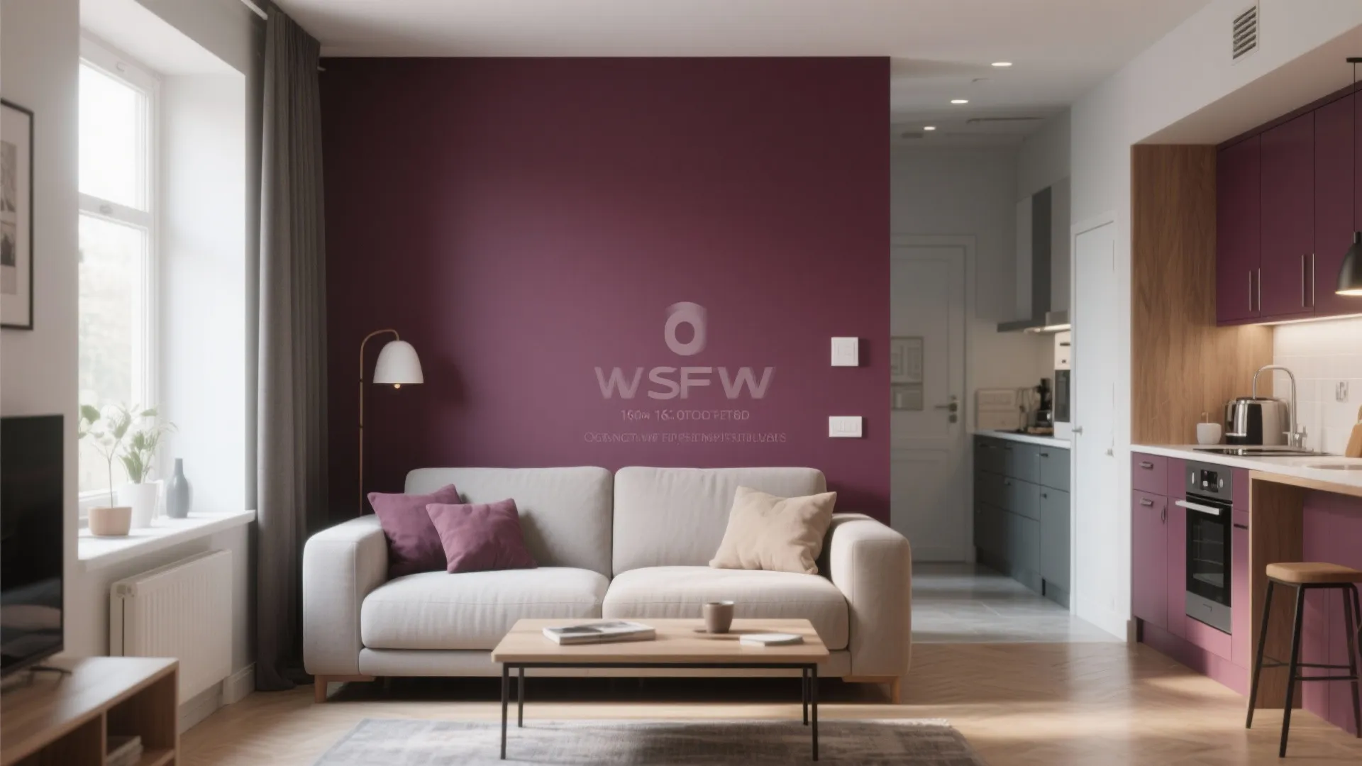 Modern living room with purple accent wall beige sofa coffee table and kitchen area view