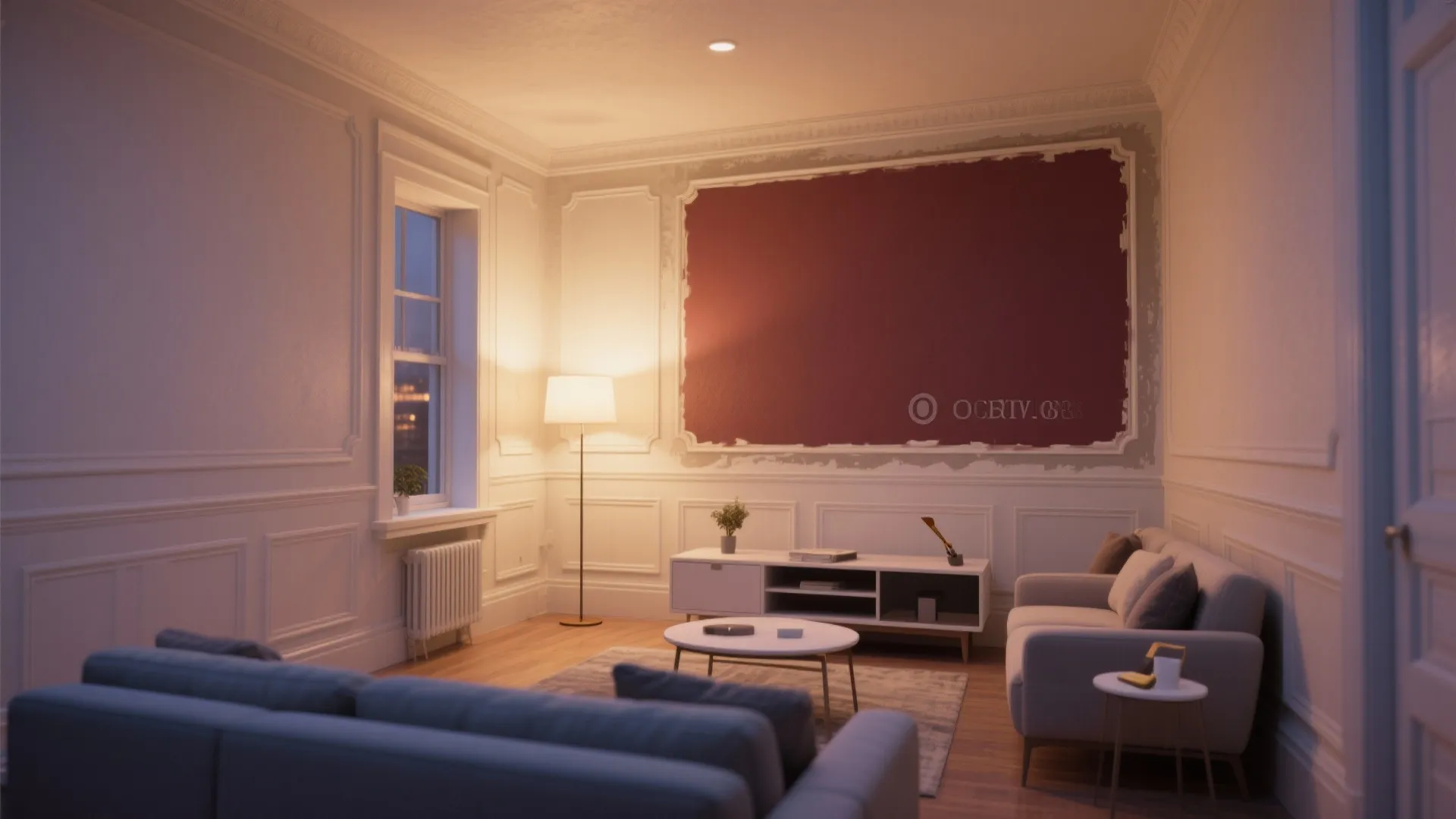 Wide view of a small living room with a neutral base and a single deep accent wall, same trim color, and painter finishing details.
