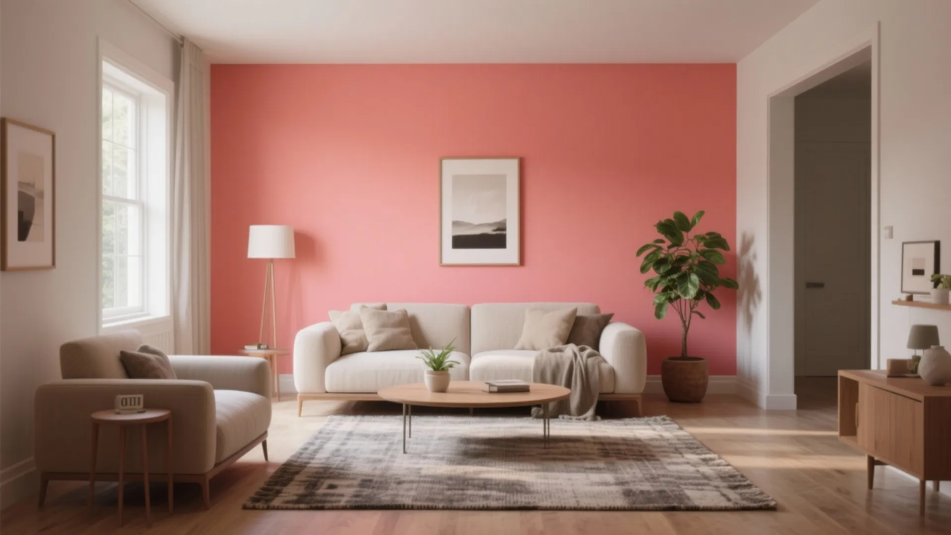 Cozy living room with a single bold accent wall in muted coral and neutral furnishings.