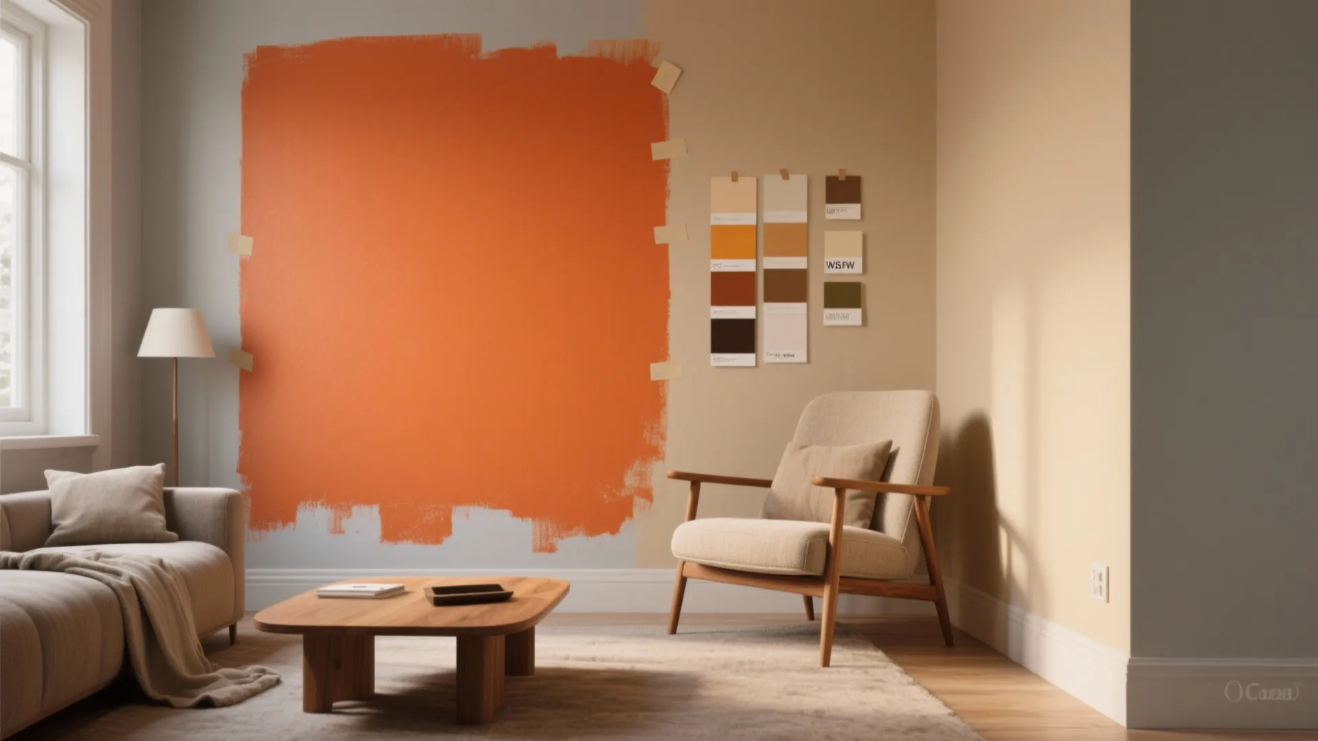 Living room corner with orange paint patch on wall near chair and color palette paper samples