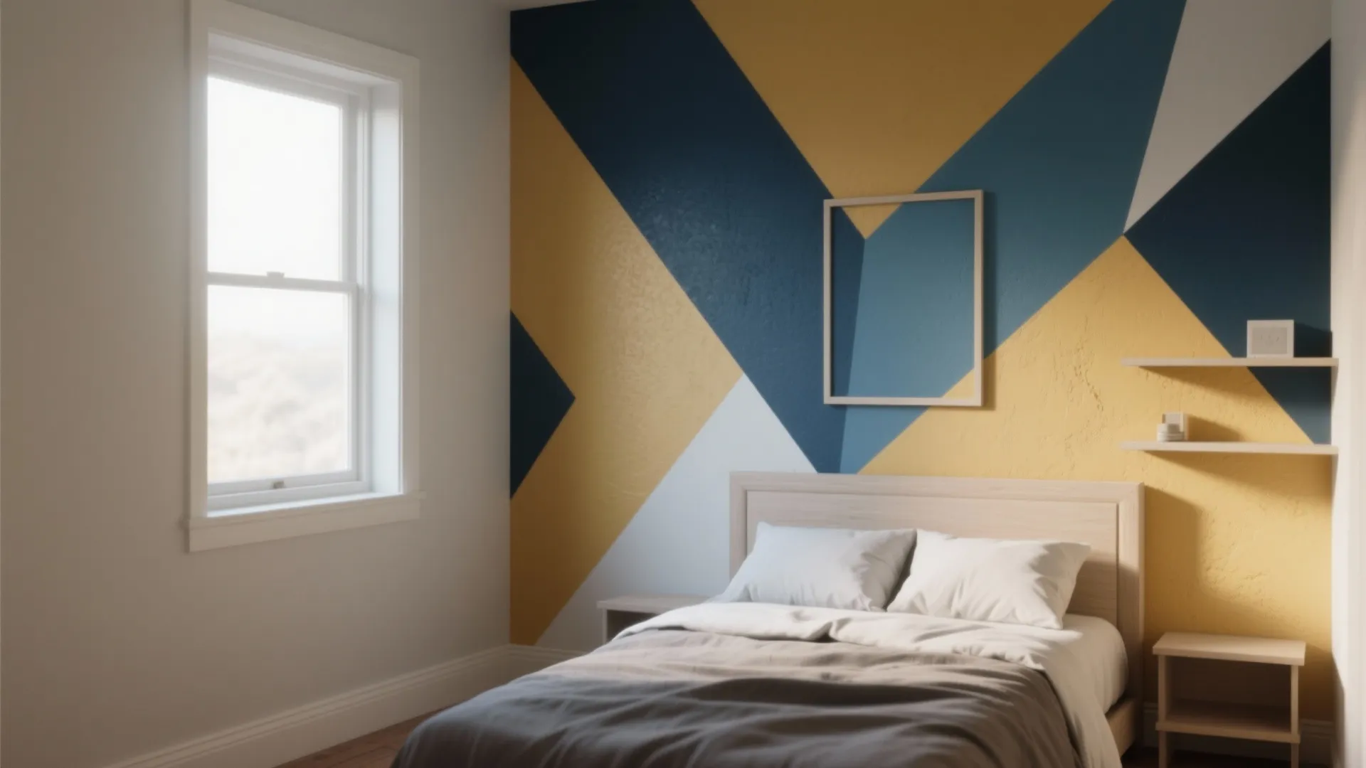 Modern bedroom with geometric blue and yellow wall paint design plus bed and white window