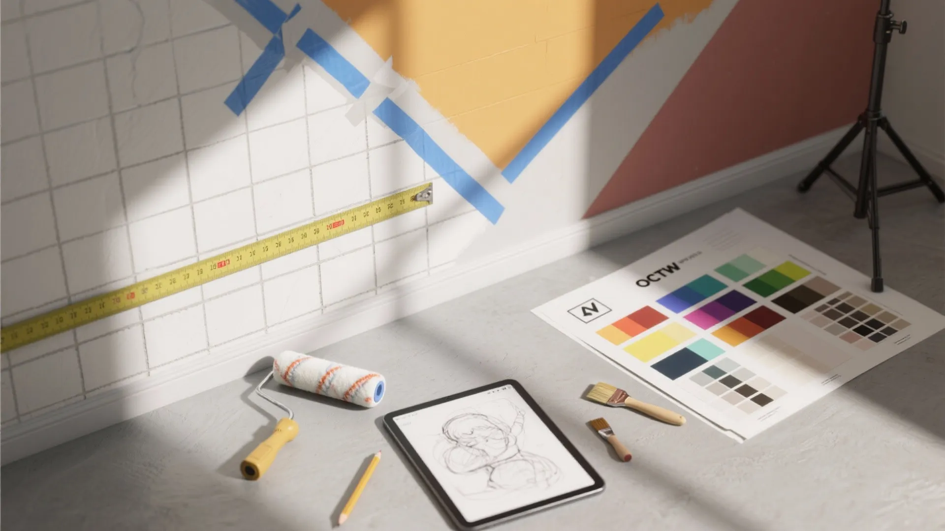 Wall with geometric paint plan measuring tape color palette board tablet with sketch and brushes