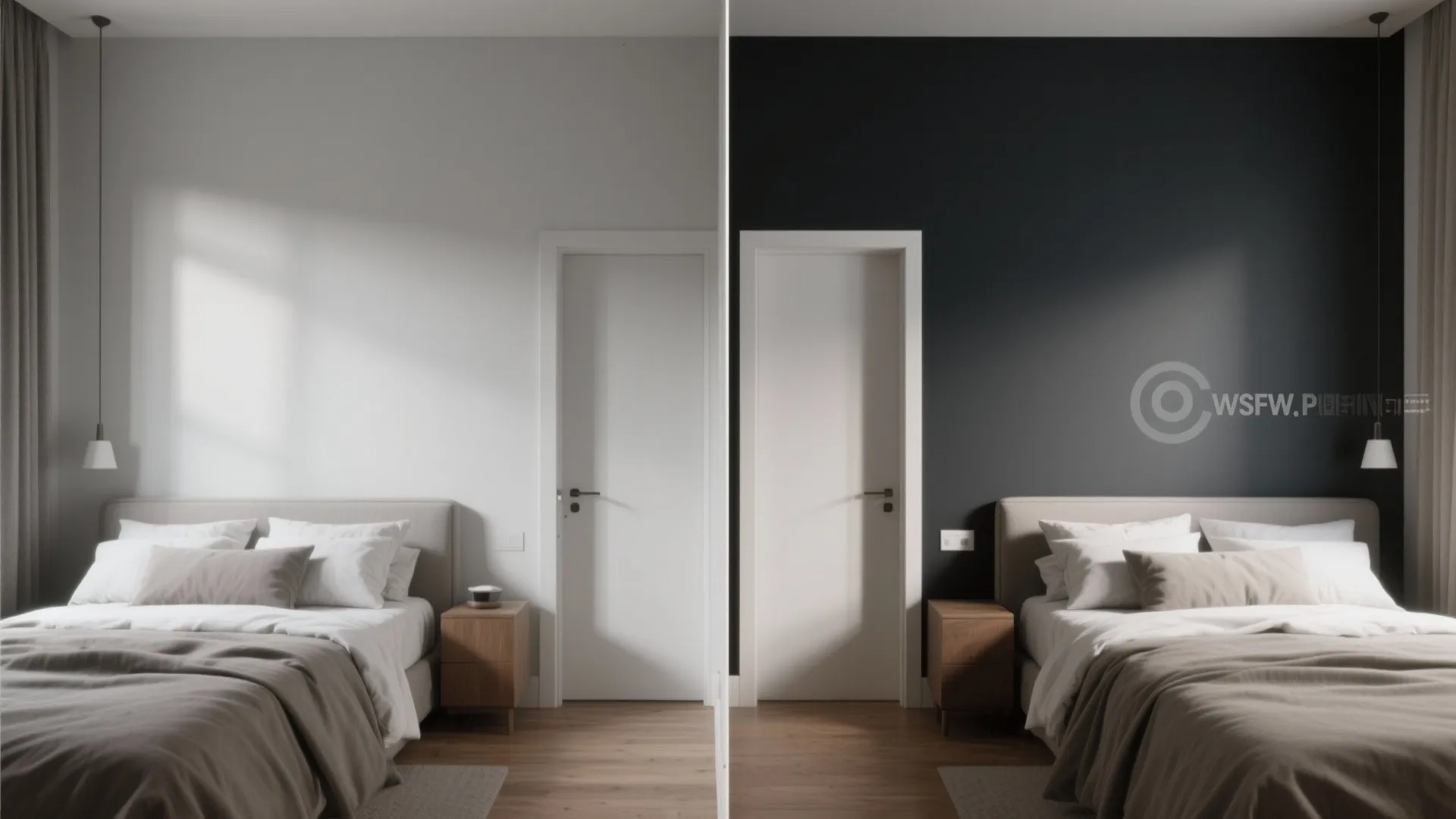 Before and after comparison of a bedroom showing a white wall transformed into dark grey