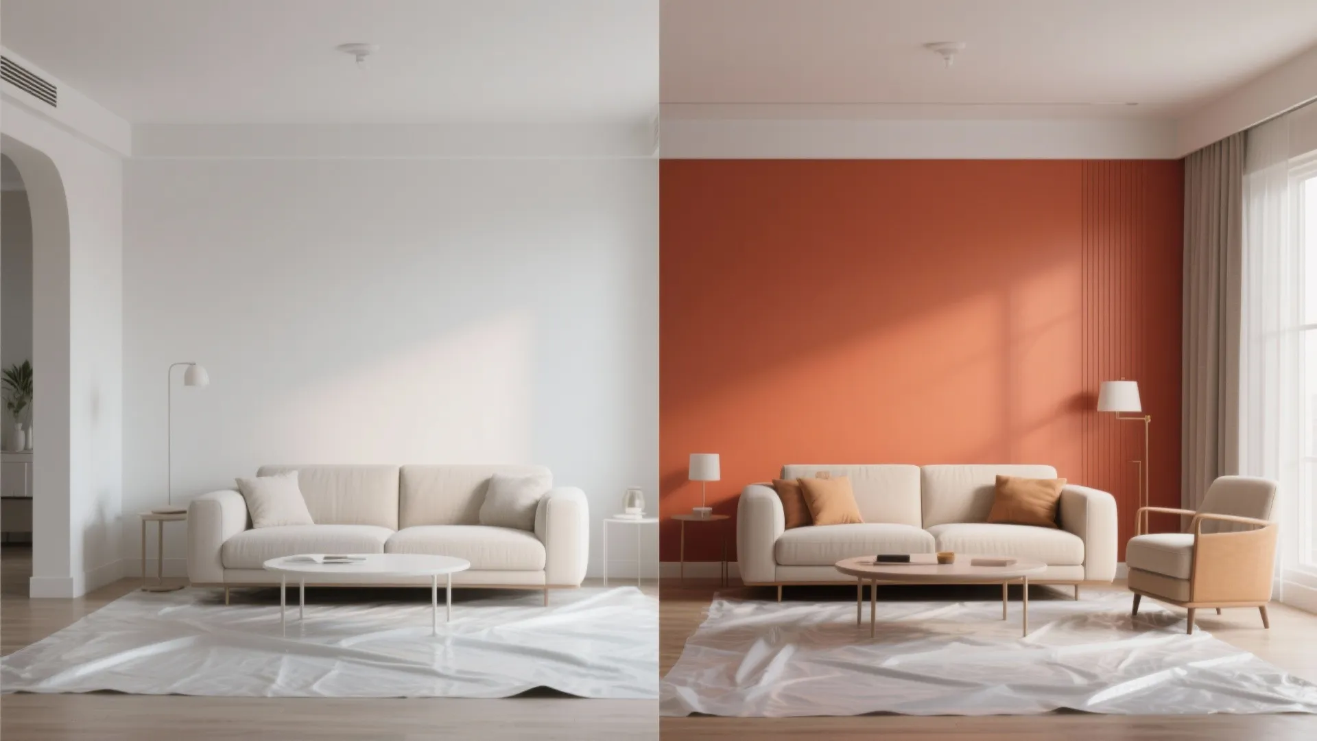 Side-by-side comparison of a white living room versus a living room with an orange wall