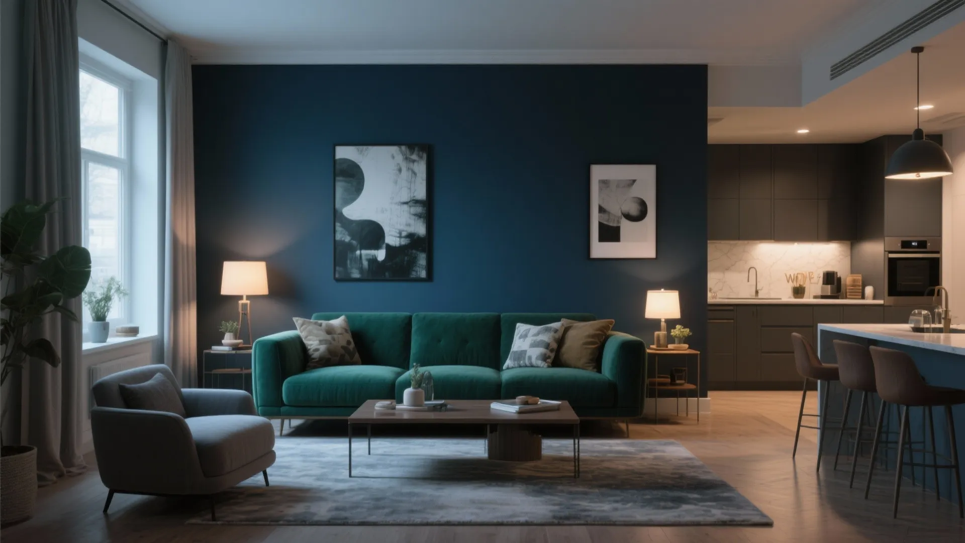 Living room with a deep navy accent wall behind the sofa, coordinated furniture and balanced lighting.