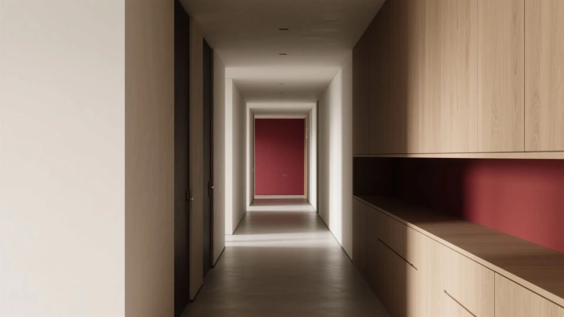 Long corridor with a deep oxblood end wall and smart color blocking that integrates cabinetry cleanly.