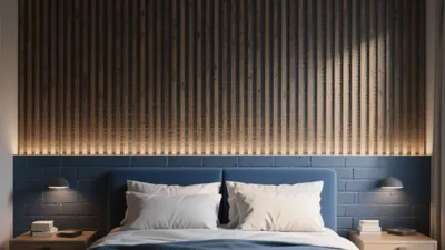 Modern Blue Bedroom with Wood Slat Accent Wall