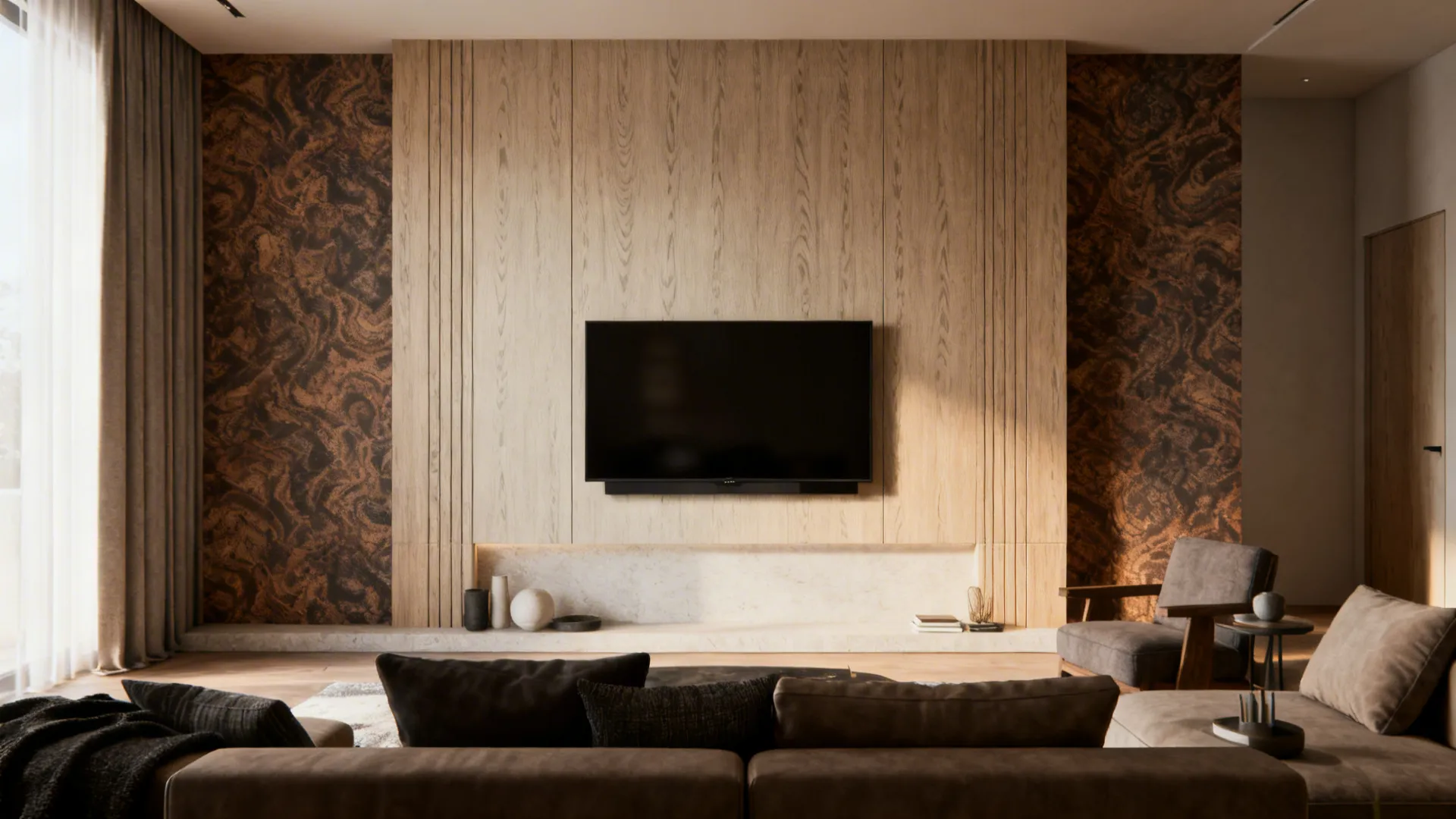 Small living room with a full-height textured wood accent wall behind a mounted TV