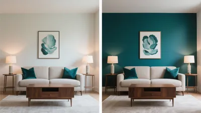 Teal Accent Wall Living Room Design – Bold & Balanced