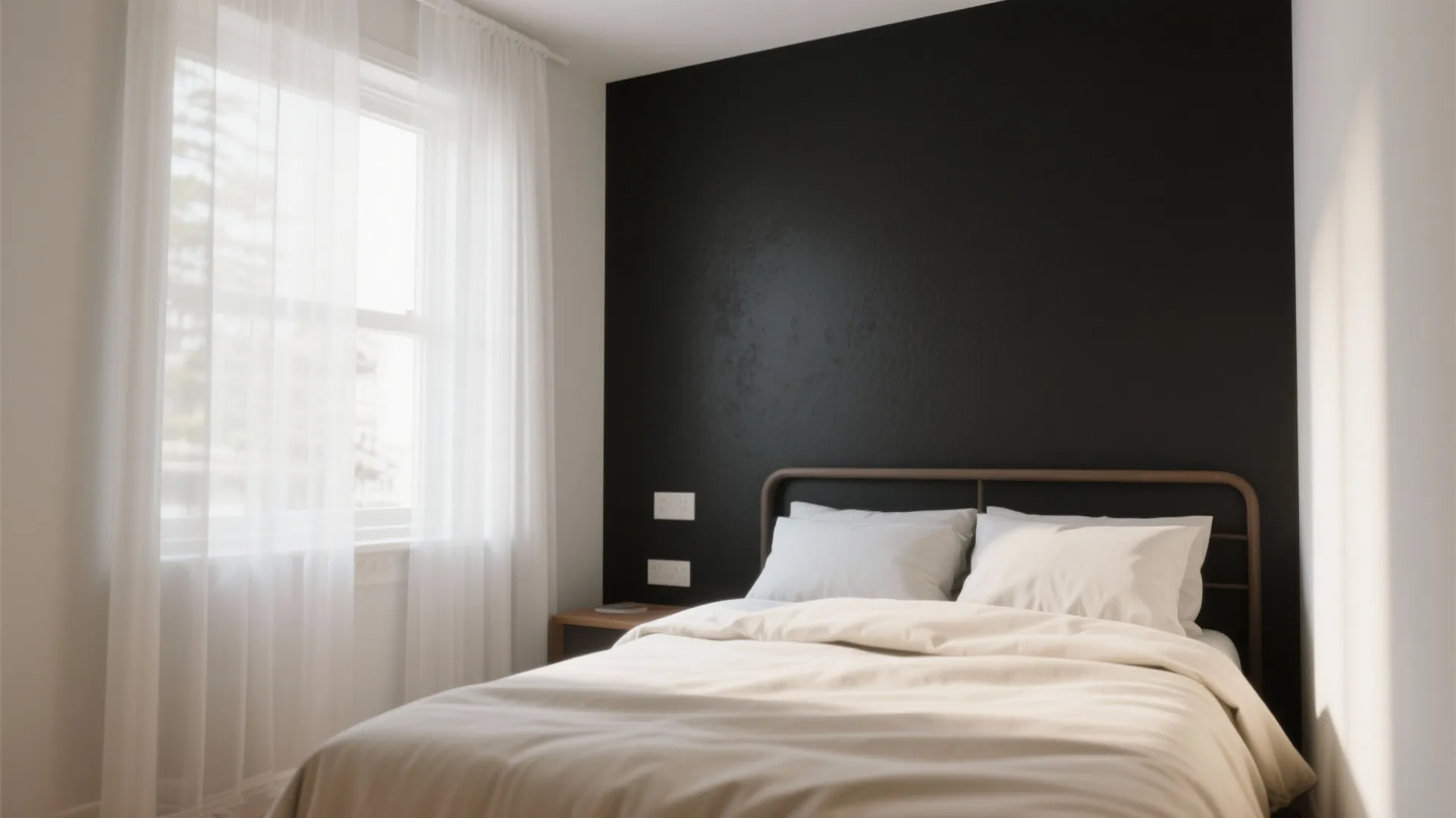 3. Black Accent Wall + Light Bedding for Airiness