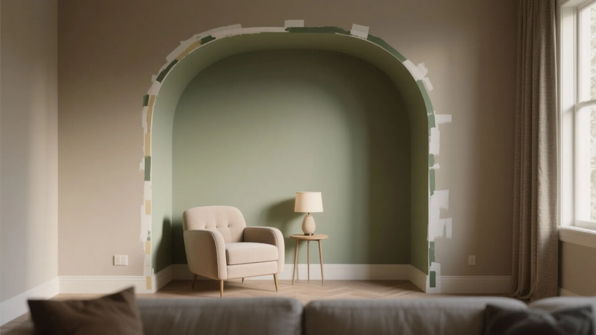 Living room alcove with a muted accent wall and a cozy armchair, showing contrast with neutral surroundings.