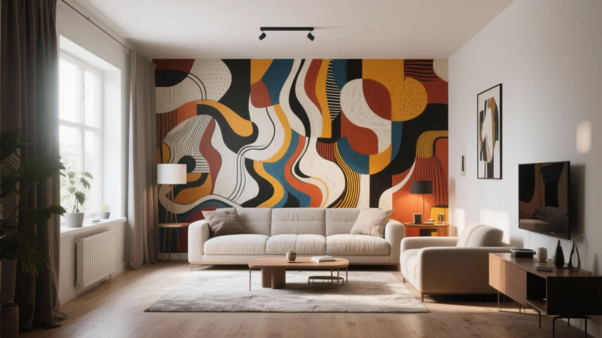 Modern living room featuring a large colorful abstract wall mural with white sofa and rug