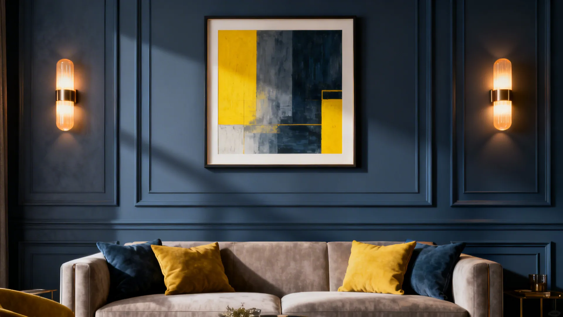 Deep blue-gray accent wall with artwork containing yellow tones and warm accent lighting