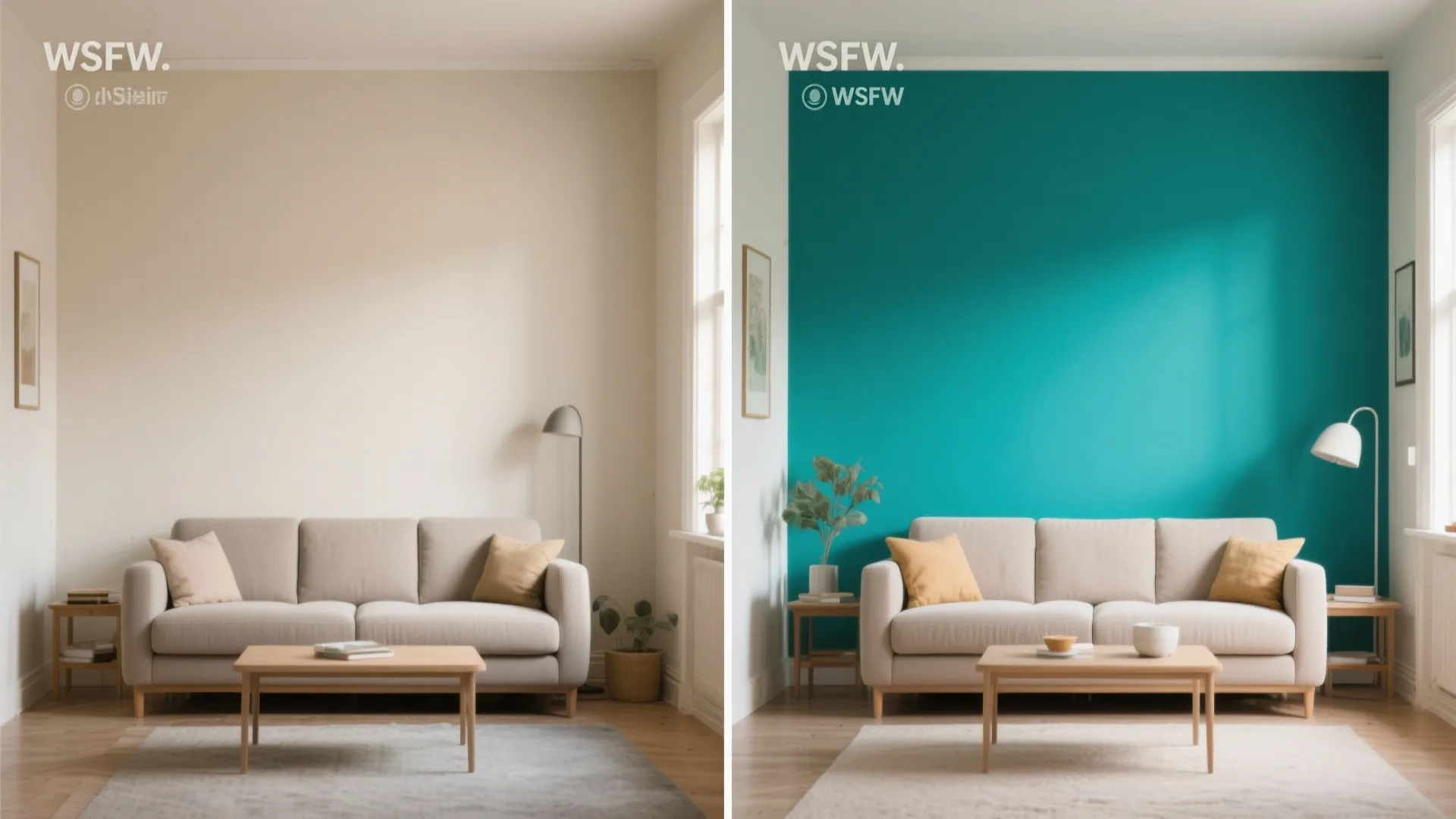 Before and after comparison of a living room wall changing from light cream to bright teal