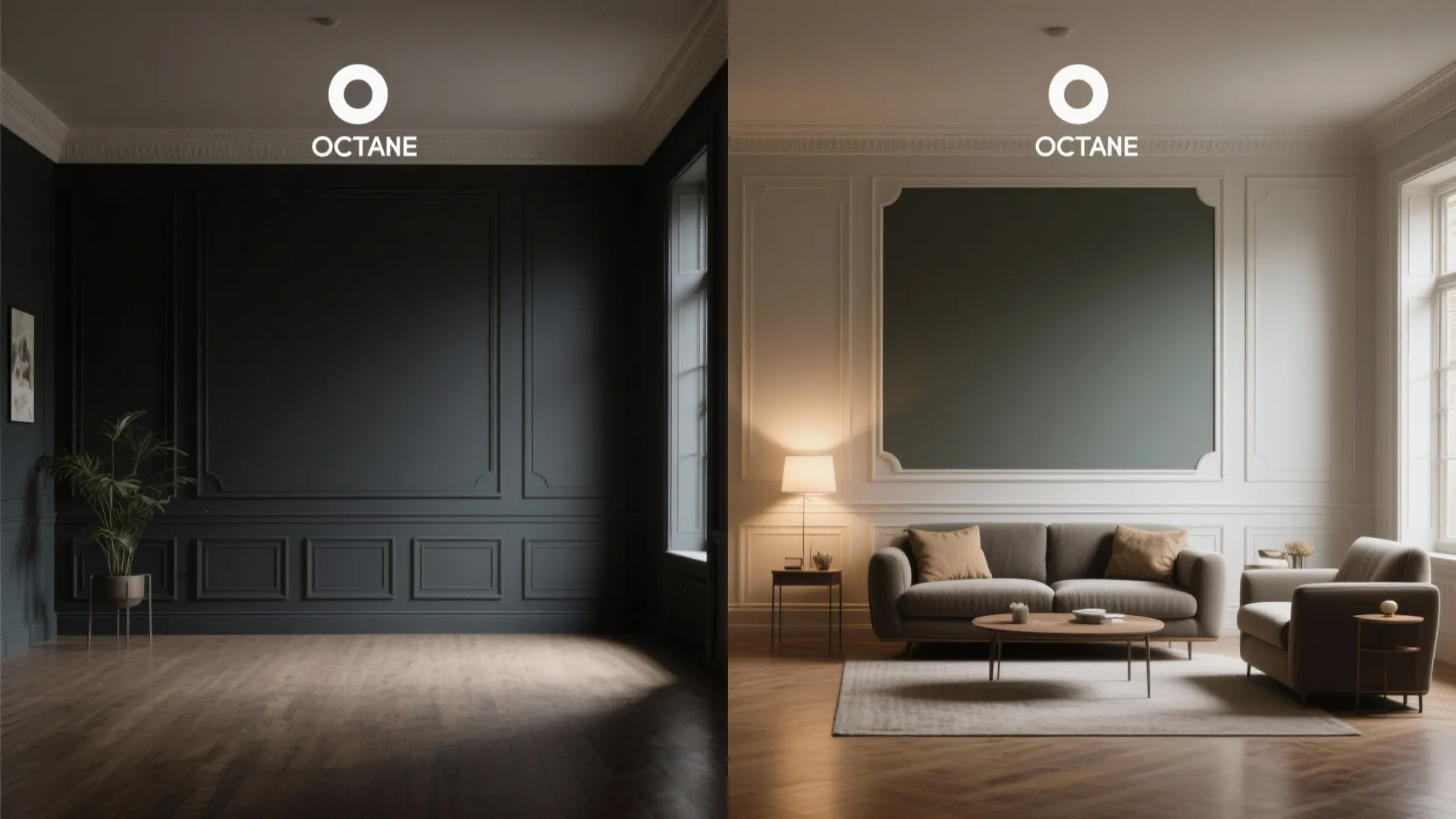 Before and after living room comparison showing empty dark wall panel versus furnished bright sofa scene