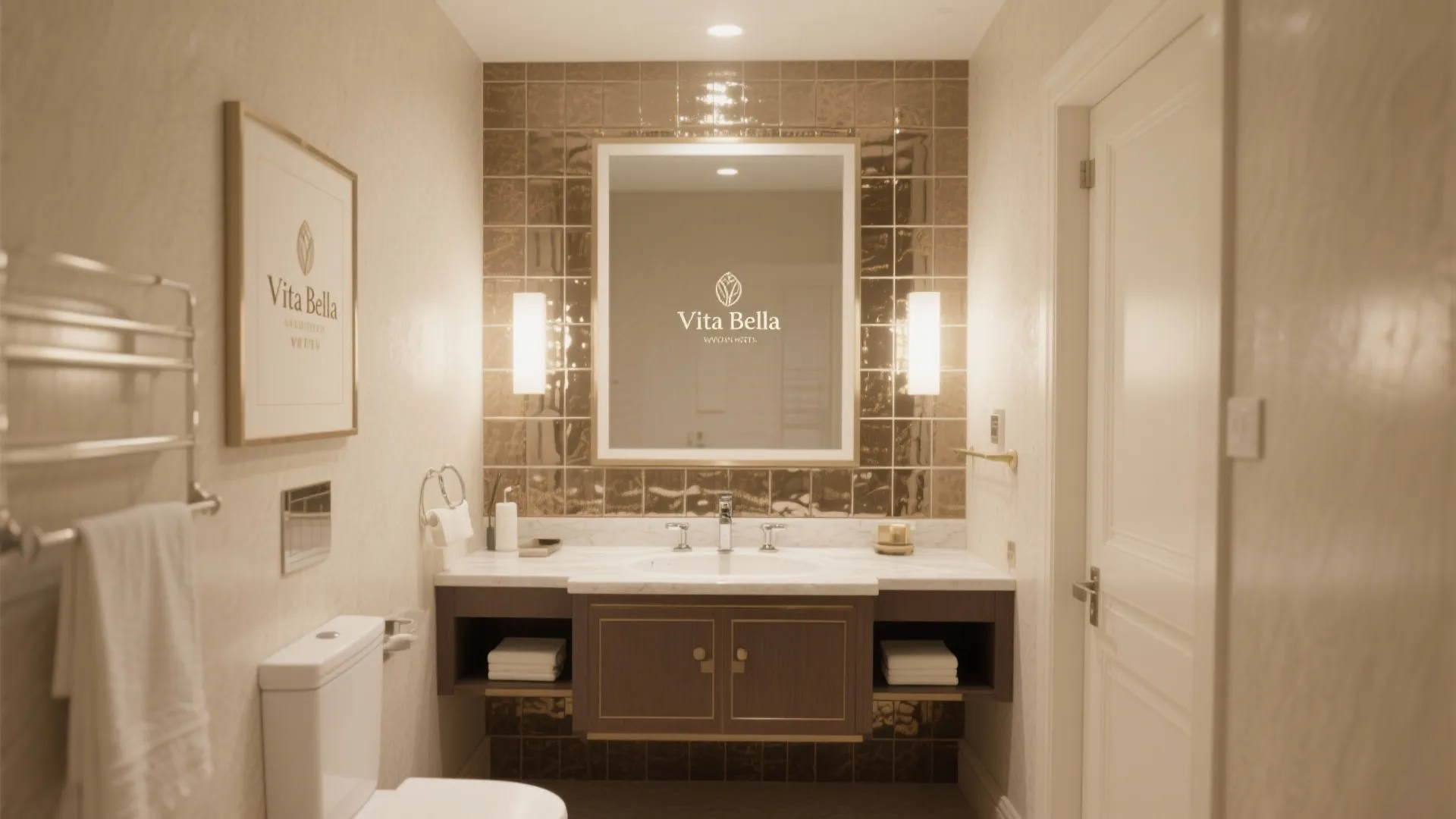 Elegant bathroom design featuring a dark wood cabinet wall lights and a large square mirror