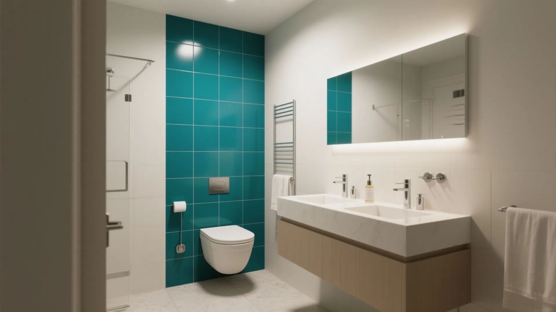 Bathroom featuring teal tile accent wall wall mounted toilet double sink vanity and large mirror
