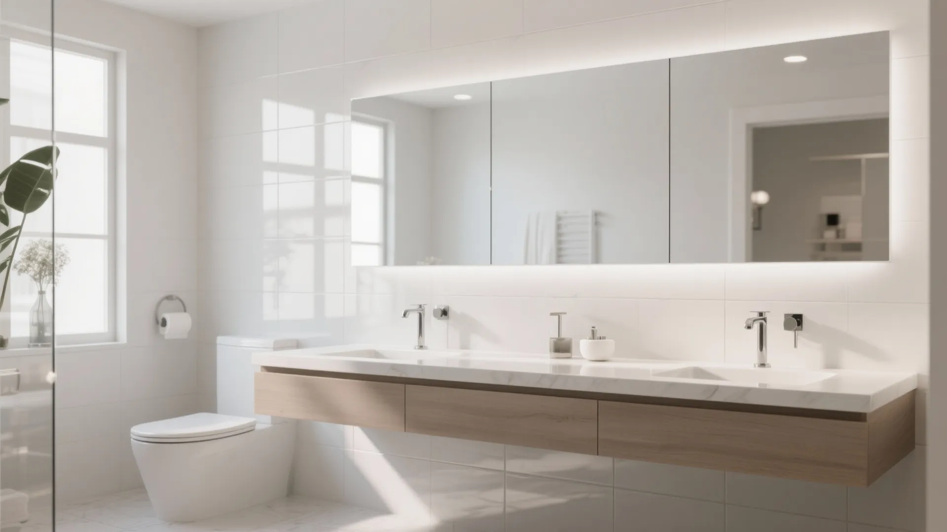 Modern bathroom with glossy white accent wall and 12x24 tiles