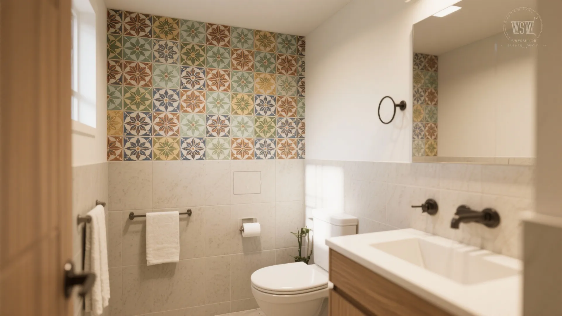 Modern bathroom featuring colorful patterned tile accent wall white toilet wooden vanity and black water tap