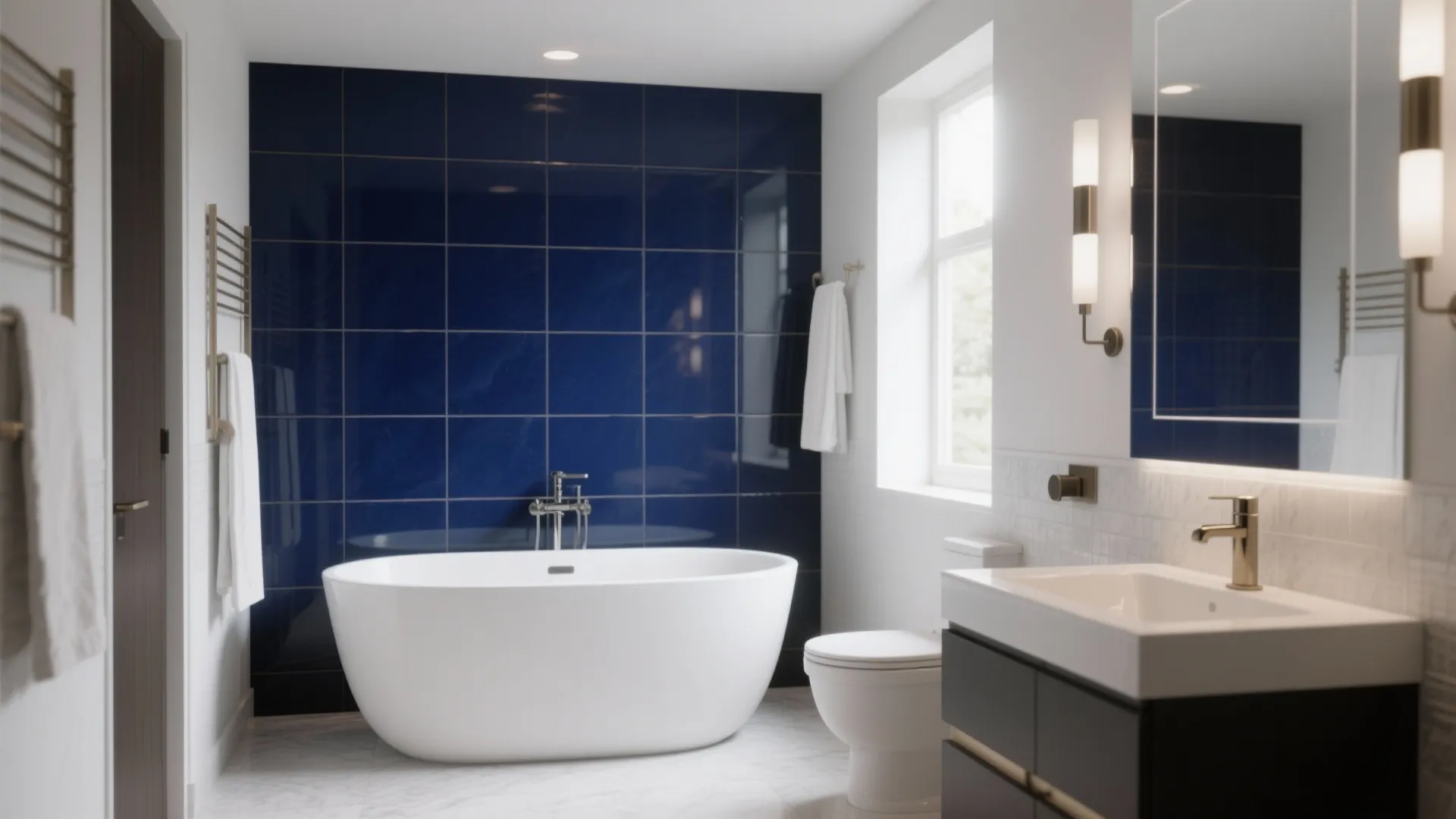 White bathtub with deep navy accent tile wall in small bathroom
