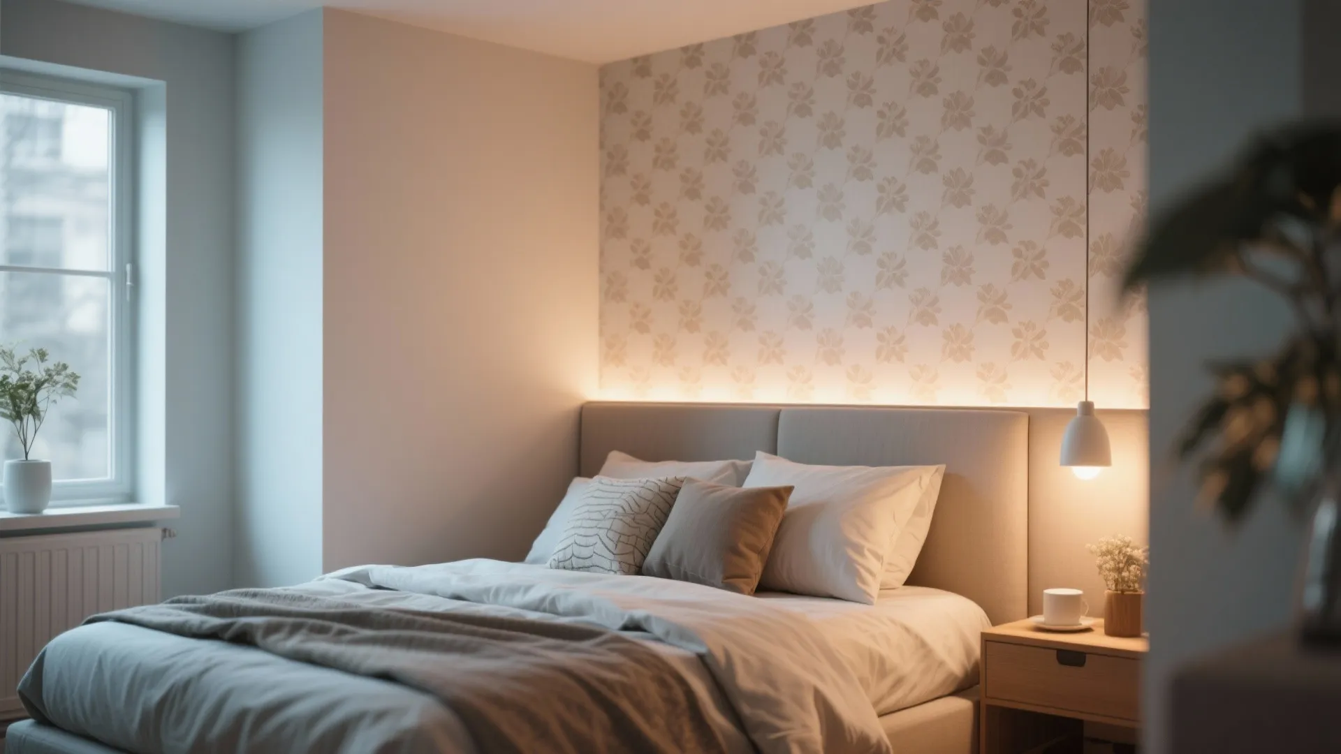 Accent wallpaper wall behind bed in compact space