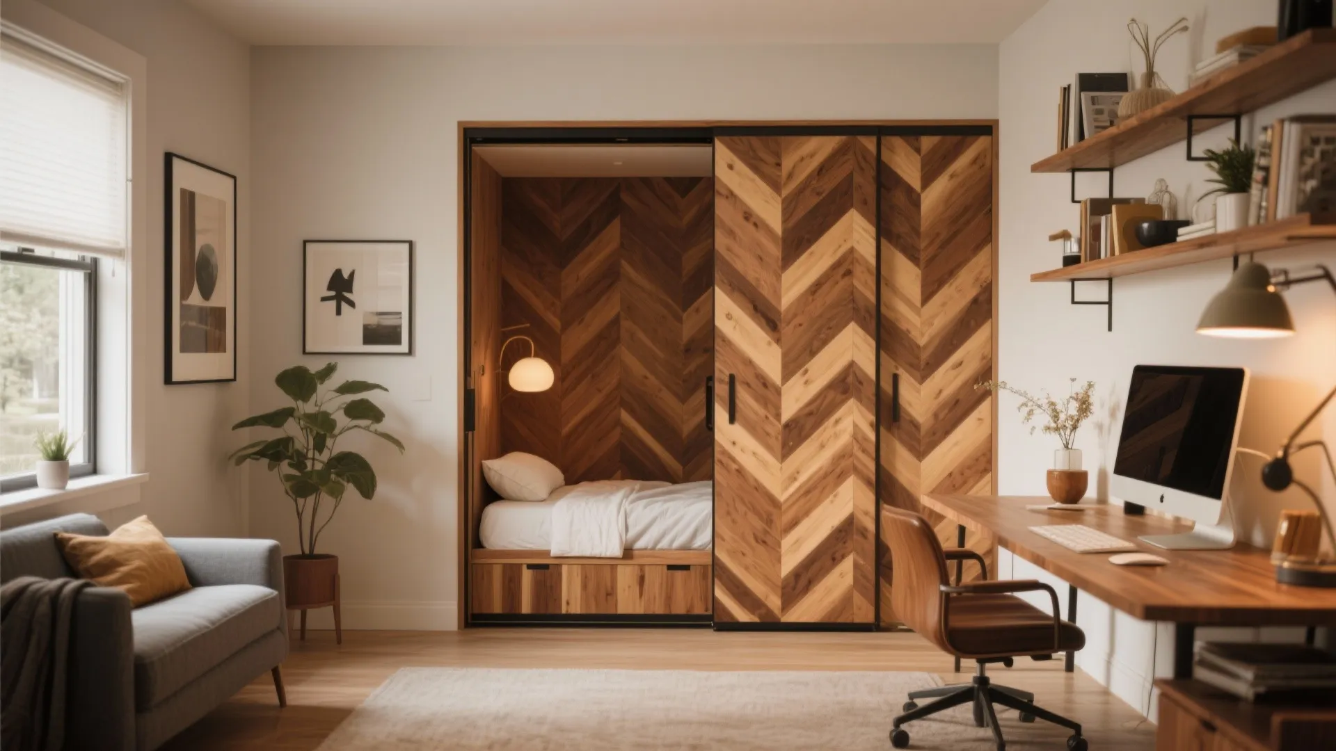 Murphy bed concealed in decorative wood accent wall