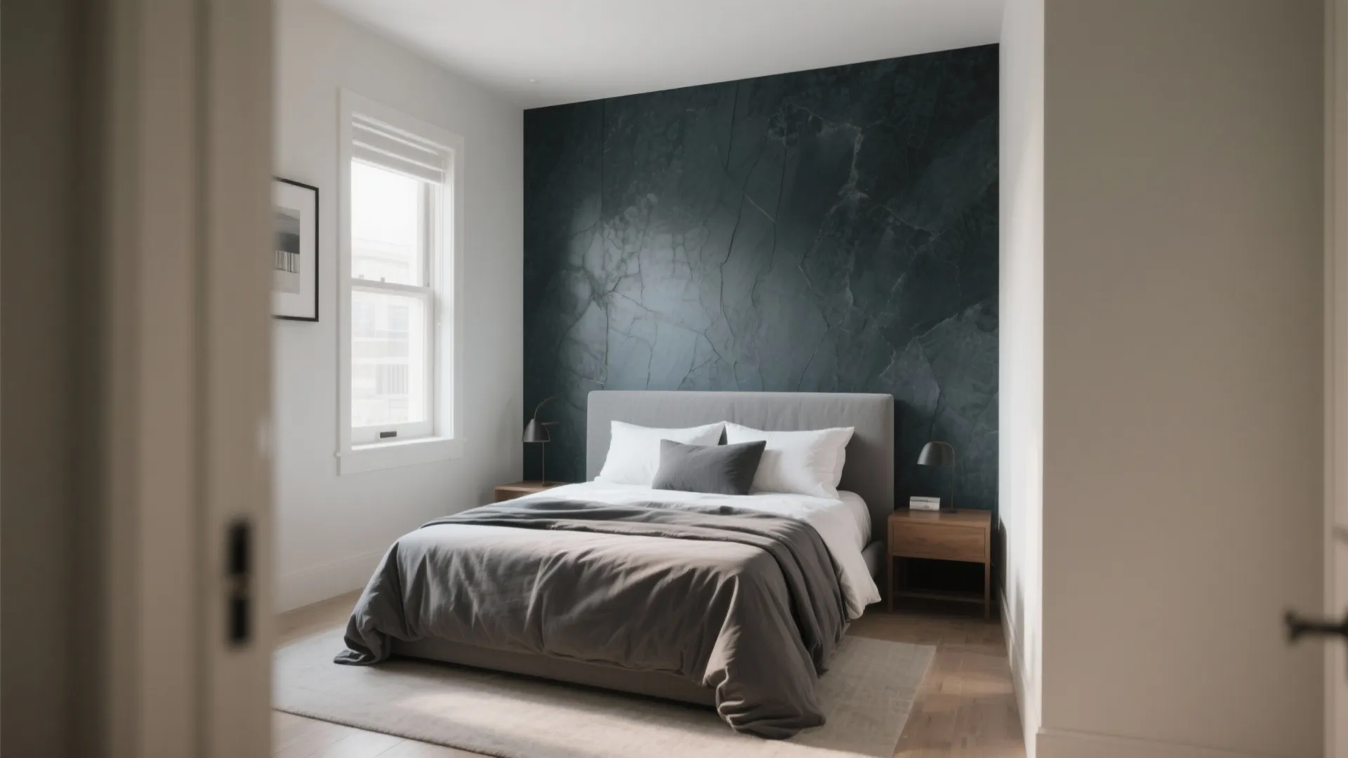 Modern bedroom featuring a dark stone wall panel behind a grey bed with white pillows