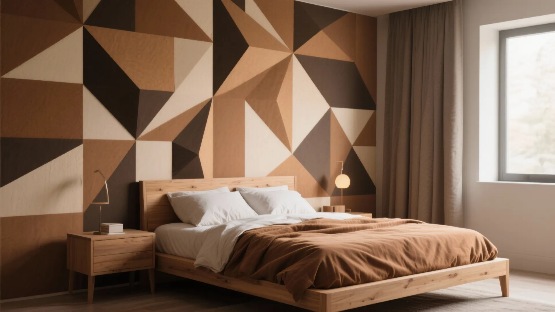 Modern bedroom with geometric patterned wall panel behind wooden bed and brown bedding near window view