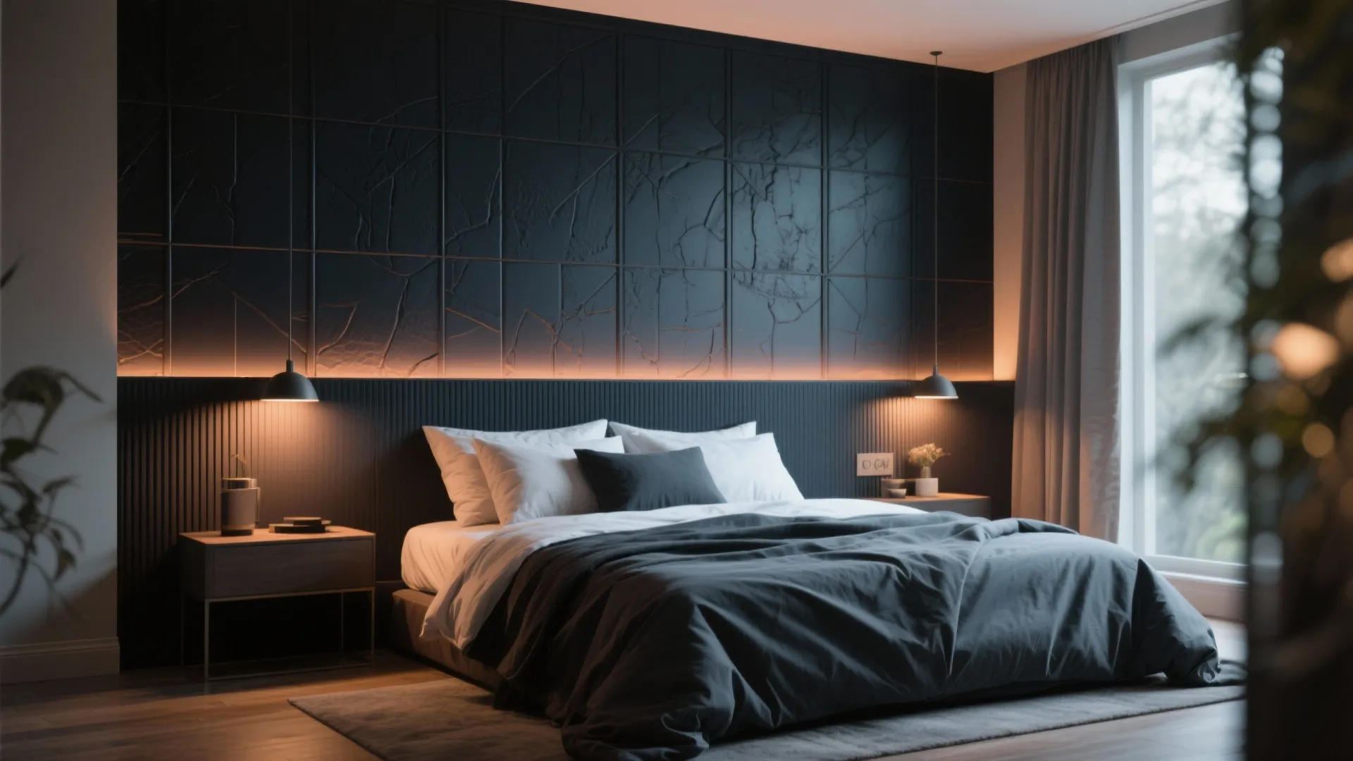 Modern bedroom with black textured wall panel, soft hidden lighting, grey bed, and two bedside tables