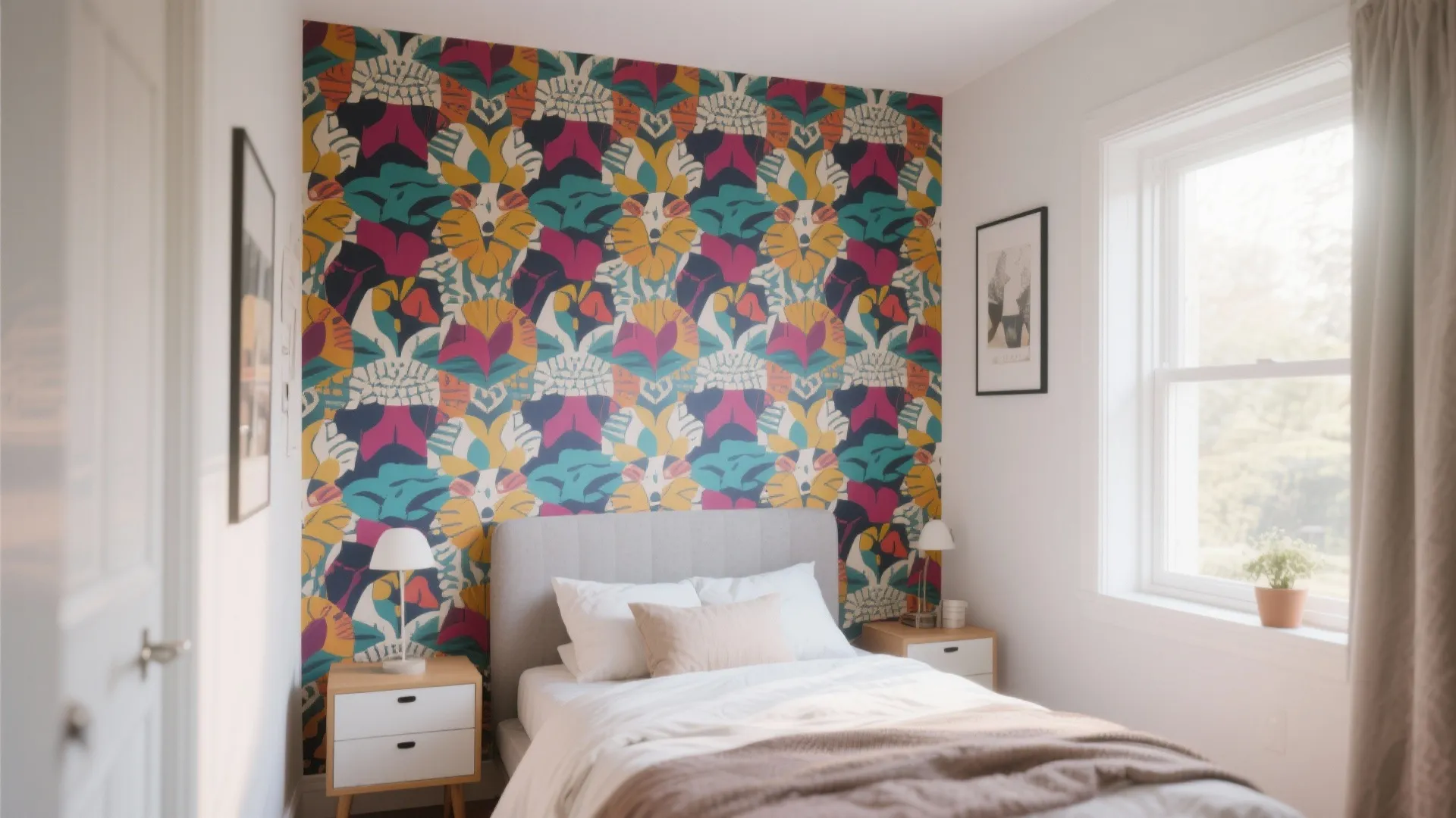 Modern bedroom with colorful patterned wallpaper behind a grey bed with white pillows and blankets