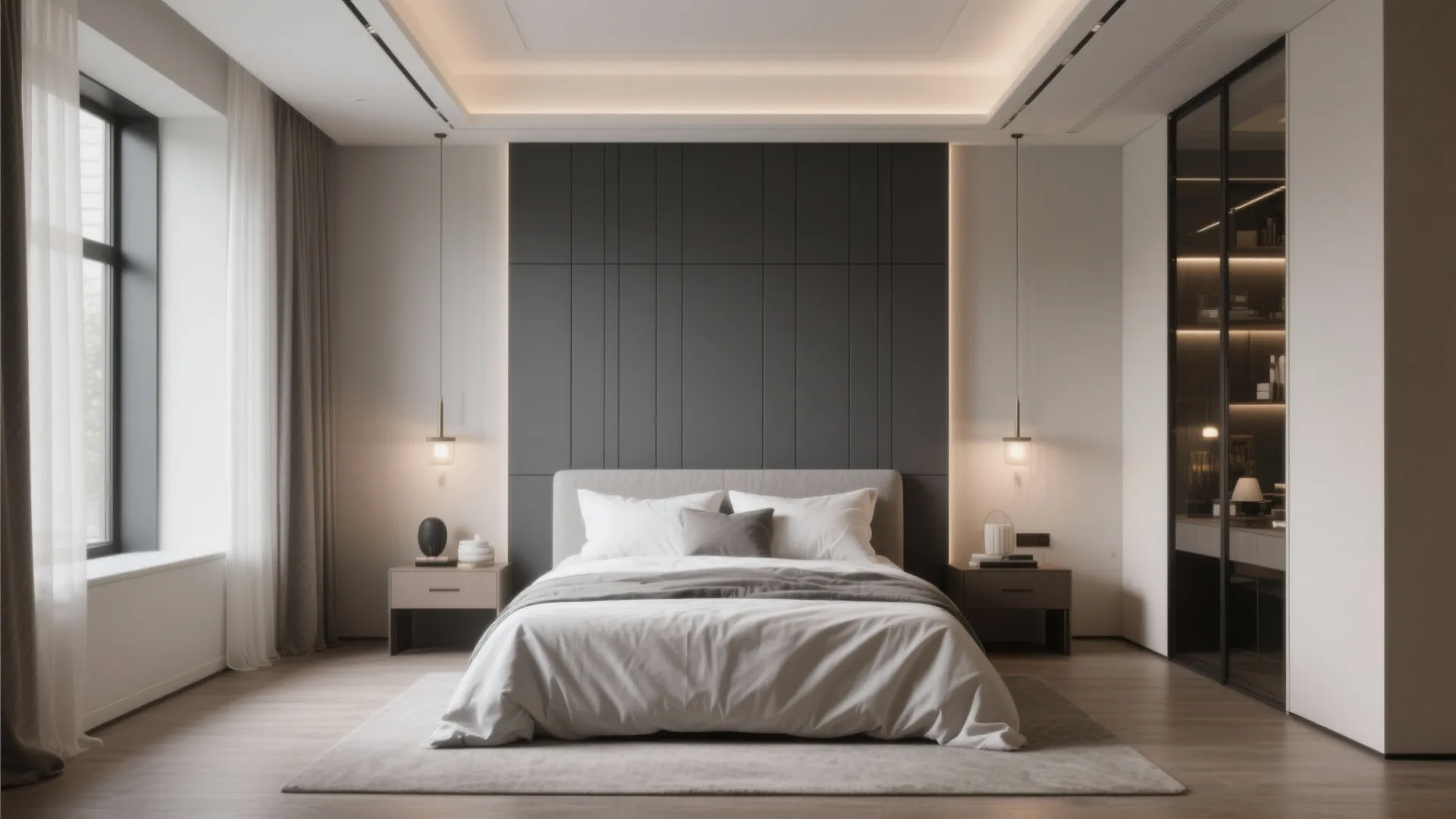 Minimalist bedroom featuring grey wall panel behind bed with side tables and glass storage cabinet