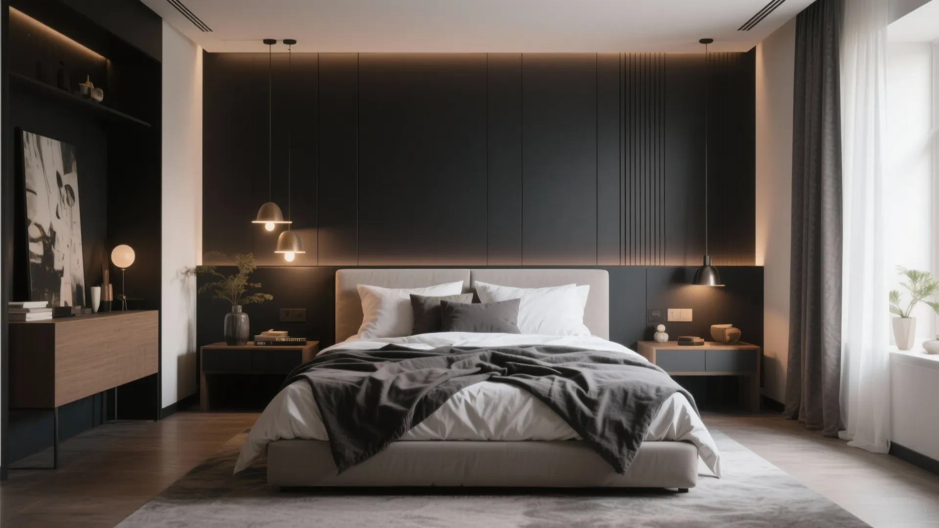 Luxury dark grey bedroom wall panel with built in lights hanging lamps and grey bed linen