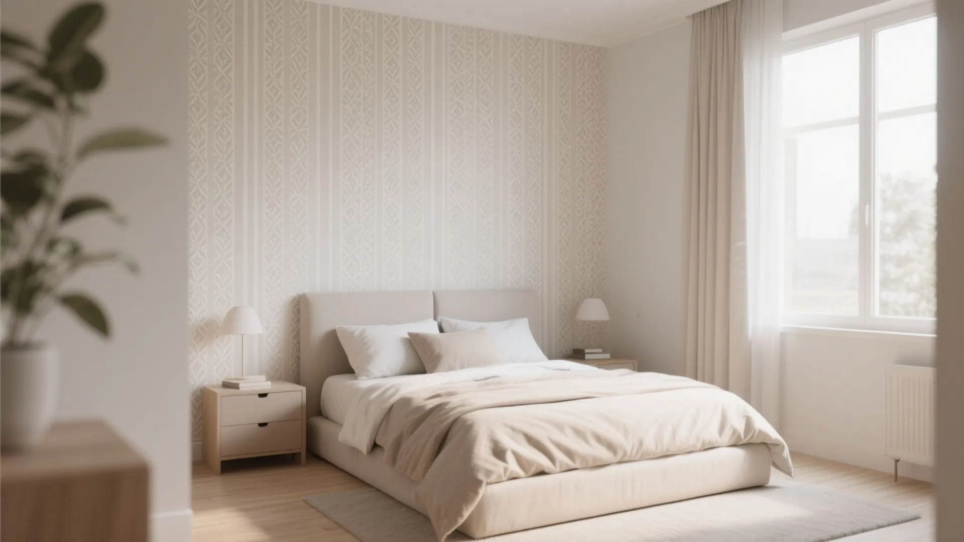 Bright bedroom featuring patterned wallpaper beige bed side tables small lamps and large bright window