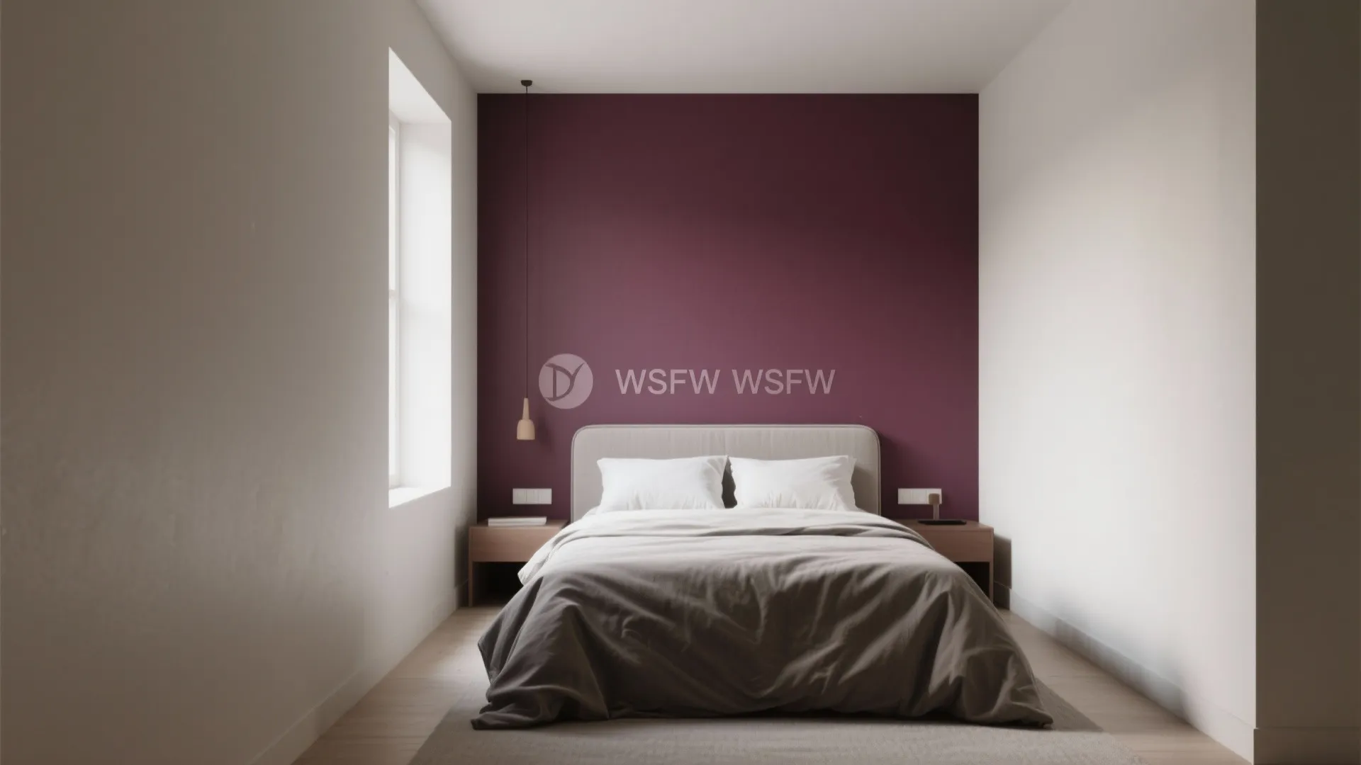 Modern bedroom with dark purple wall panel behind bed with white pillows and grey blankets