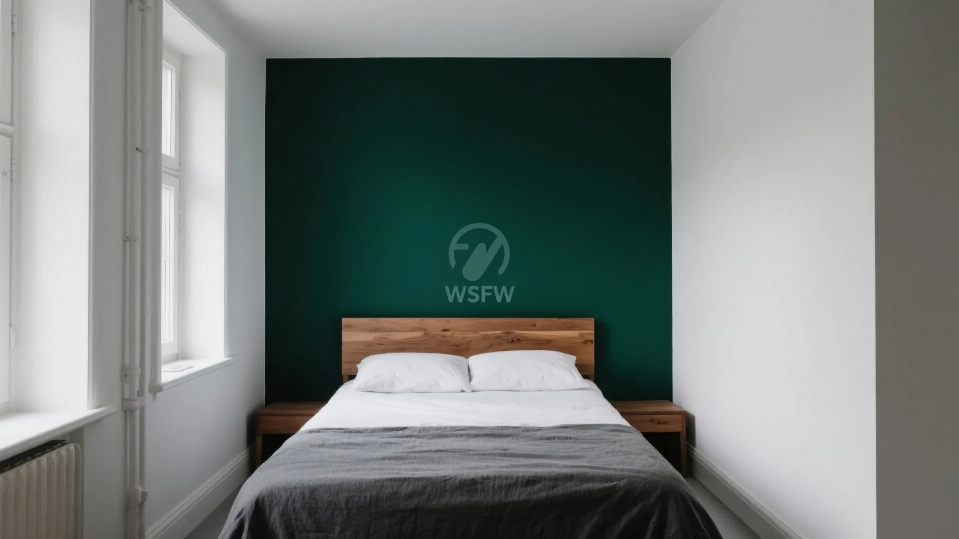 Modern bedroom featuring a dark green accent wall with a wooden bed and white bedding