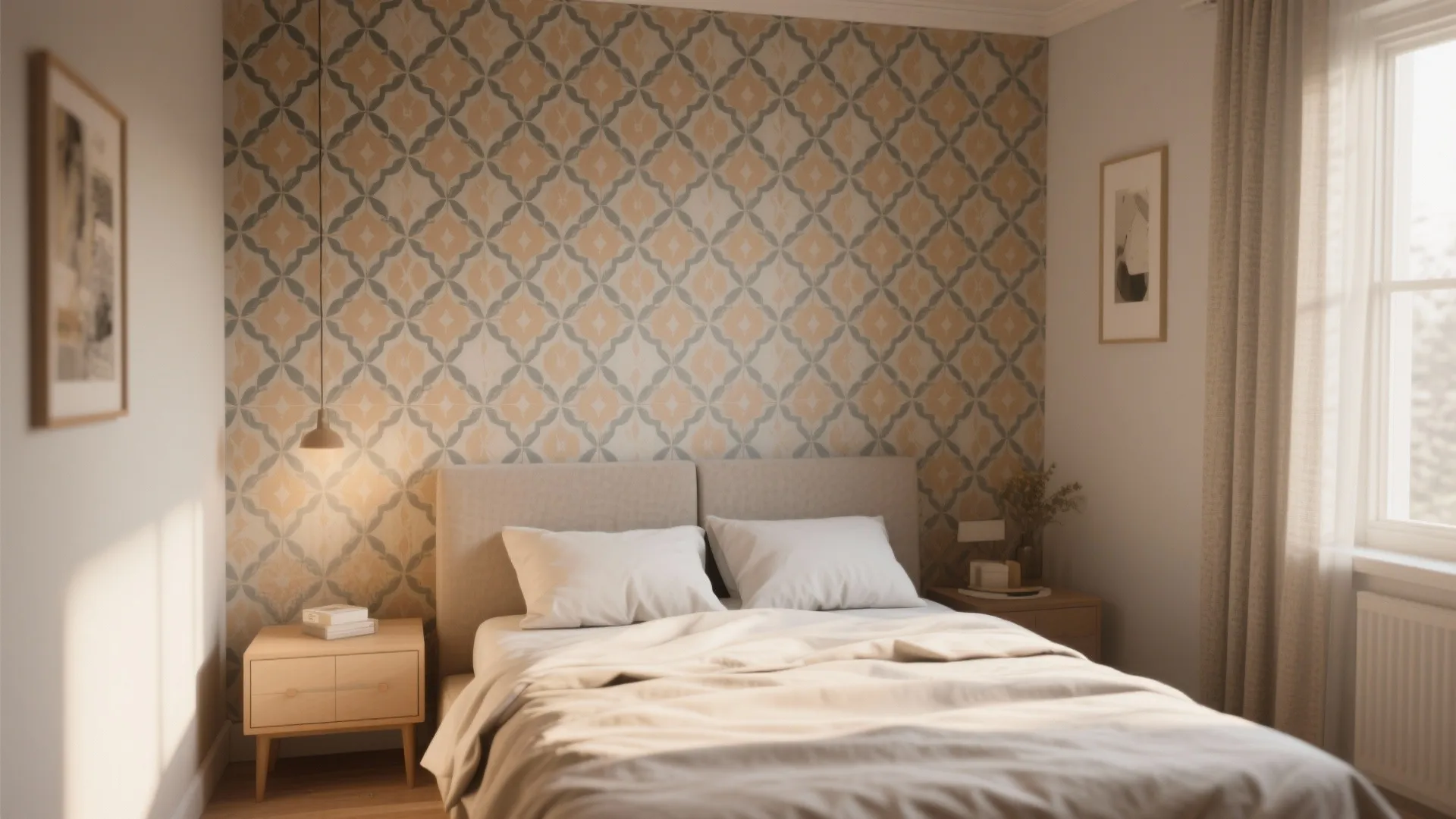 Cozy bedroom with patterned wallpaper behind bed and warm light from a small hanging lamp