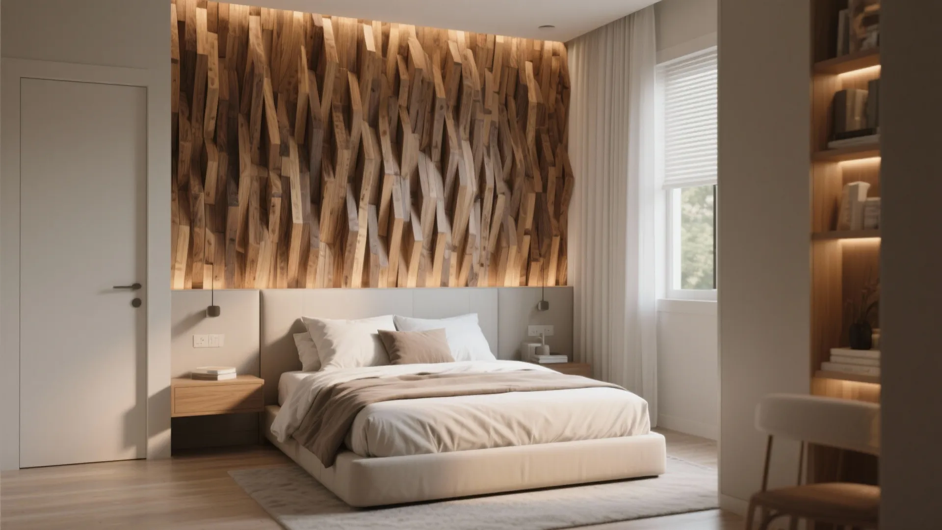 Modern bedroom featuring a textured wood wall panel behind the bed with soft warm lighting