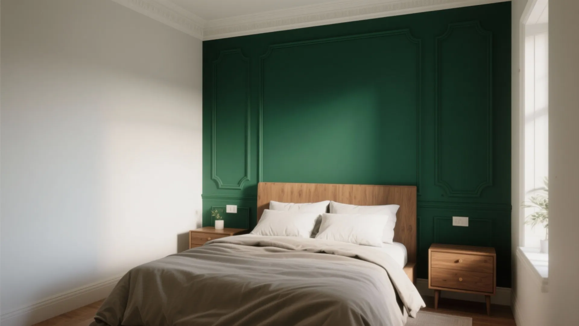 Bedroom with green wall panels wooden bed side tables white pillows and warm bright sunlight